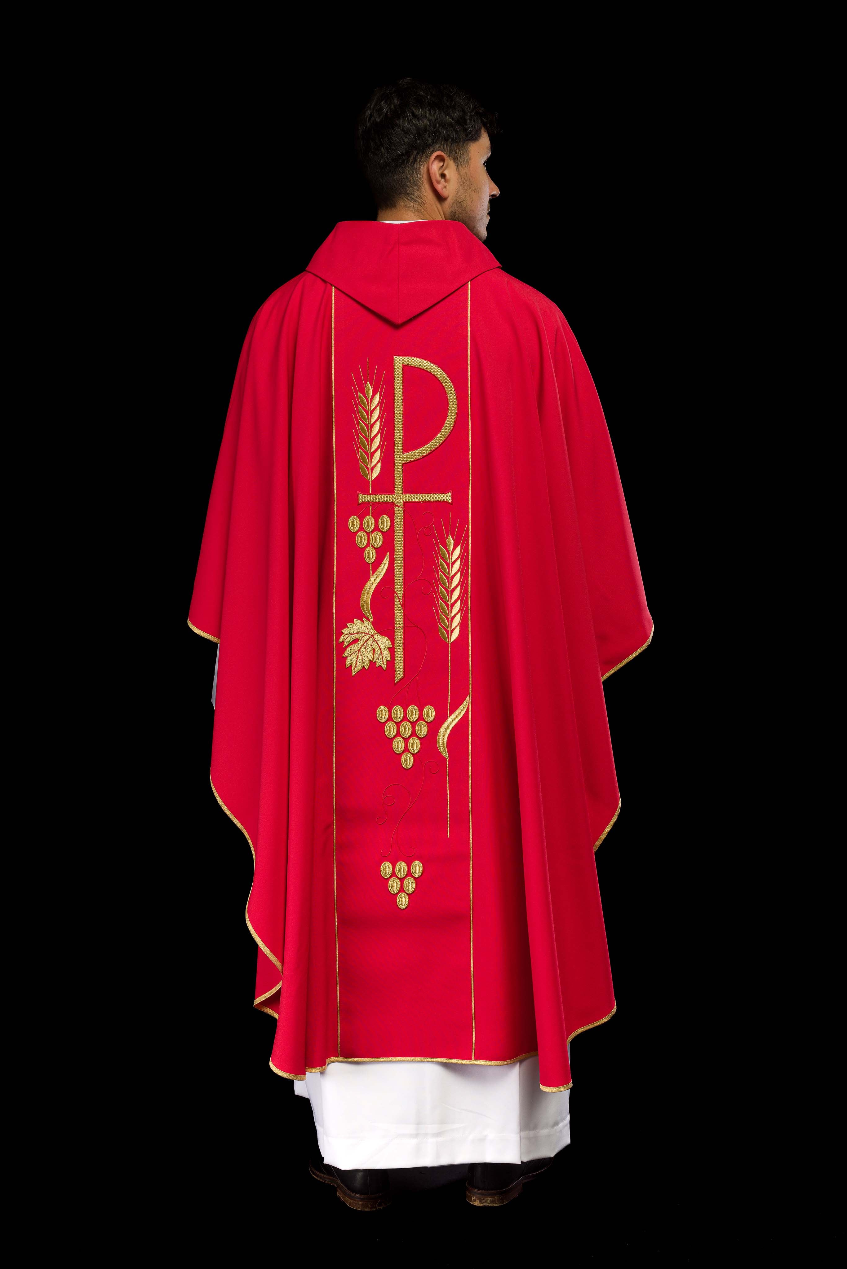 Red chasuble with embroidered PX and chalice symbol - CHASUBLES.COM