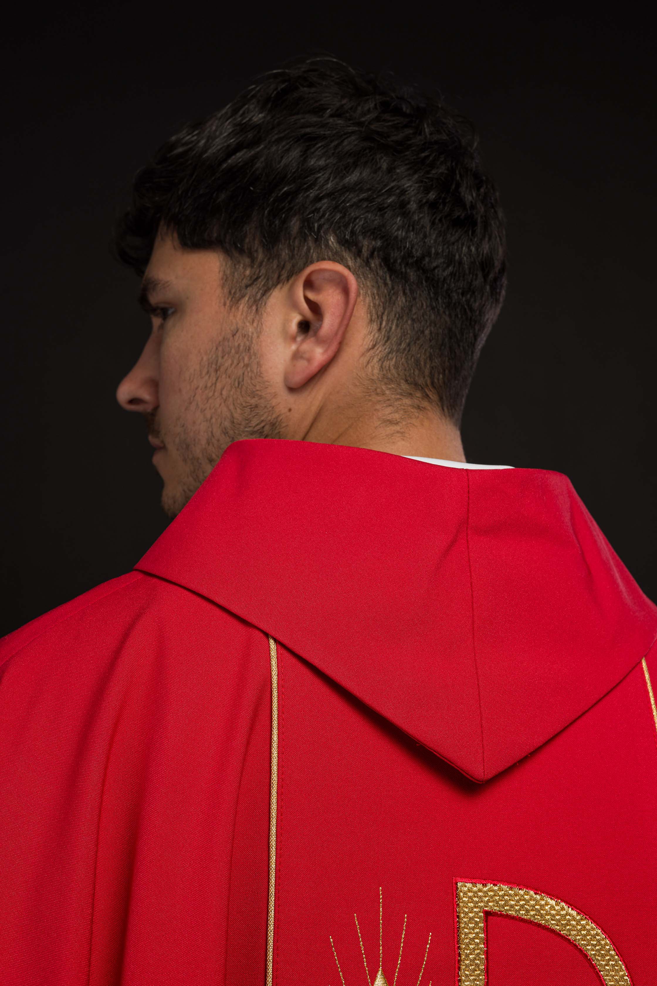 Red chasuble with embroidered PX and chalice symbol - CHASUBLES.COM