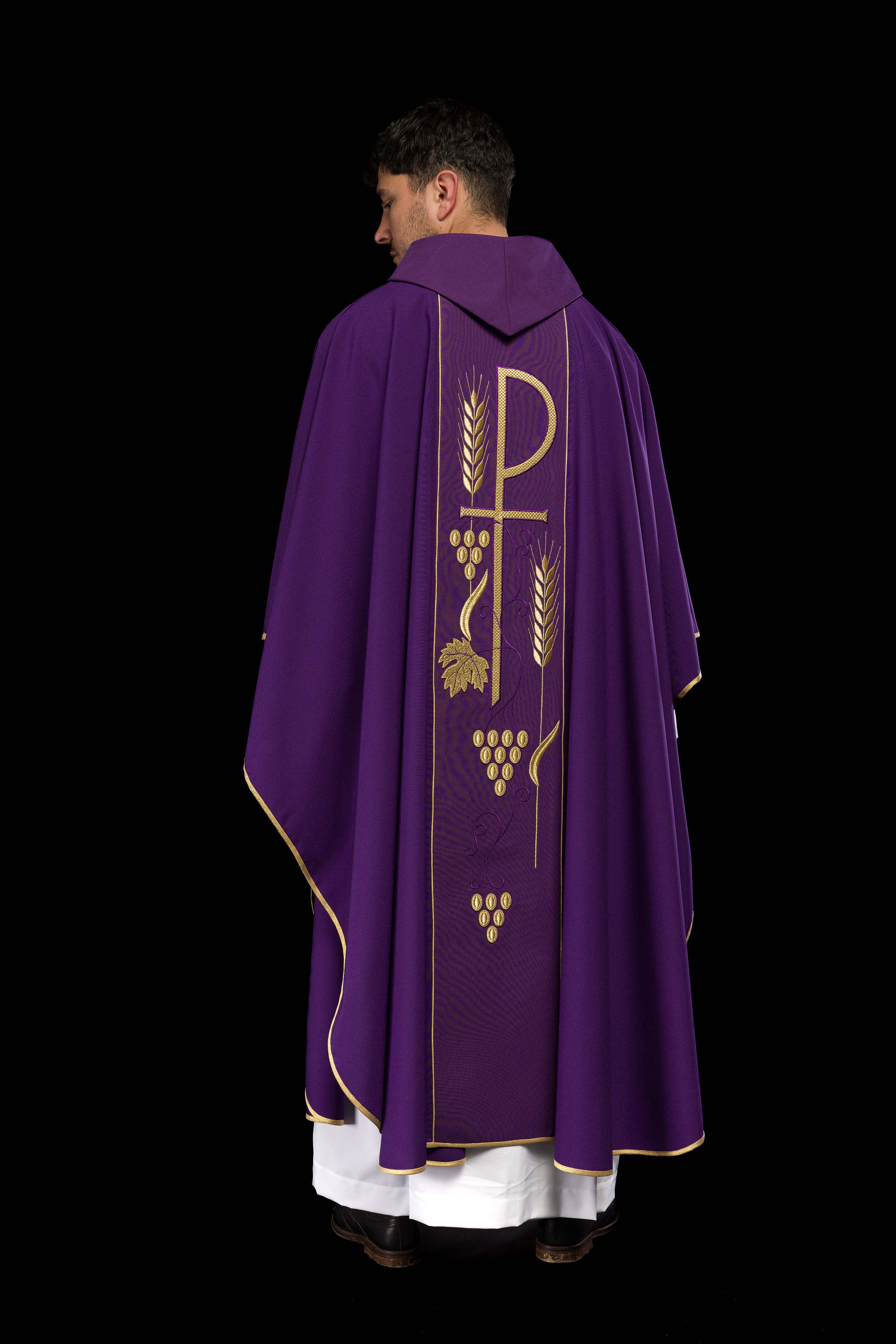 Purple chasuble embroidered with IHS Chalice pattern - CHASUBLES.COM