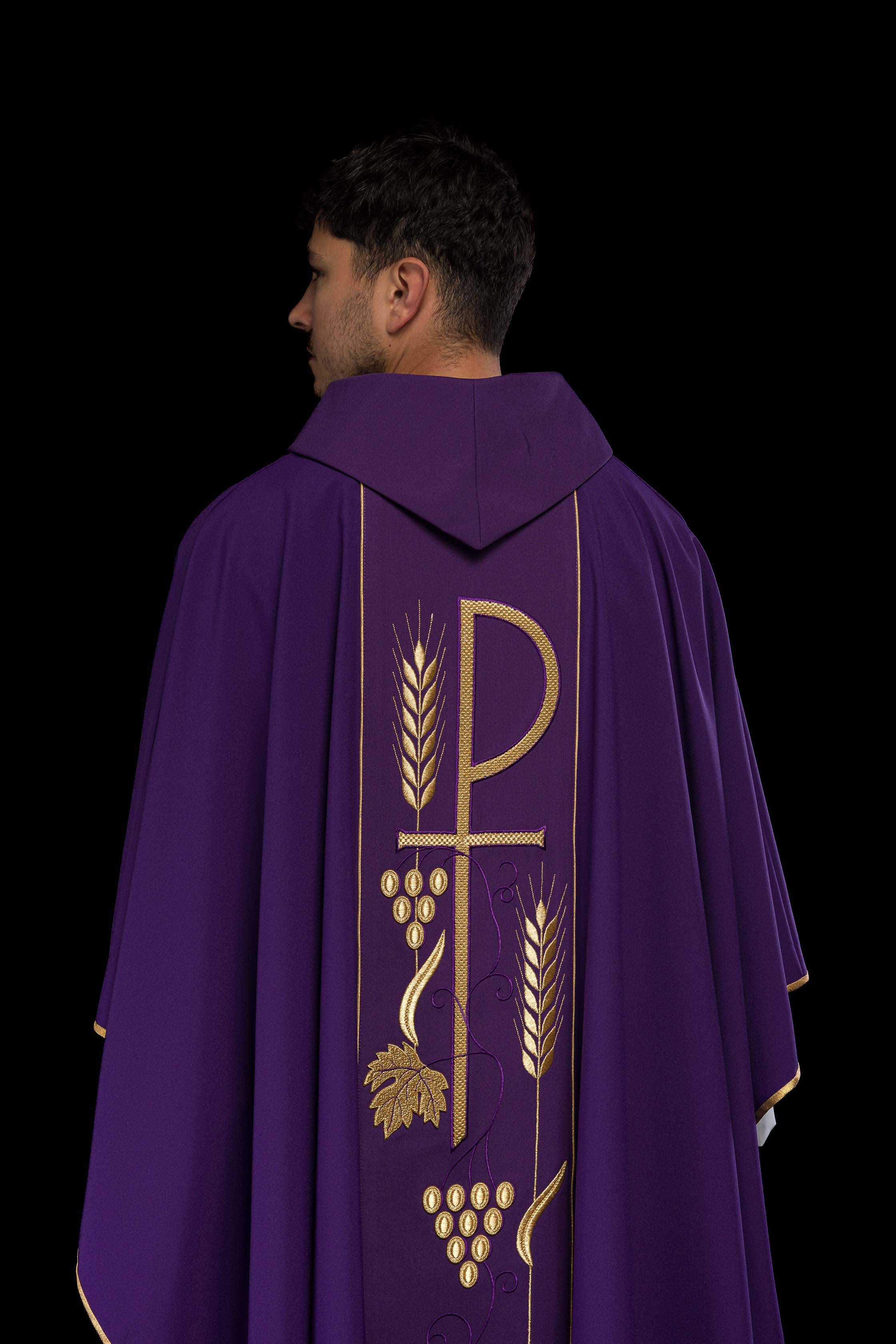 Purple chasuble embroidered with IHS Chalice pattern - CHASUBLES.COM