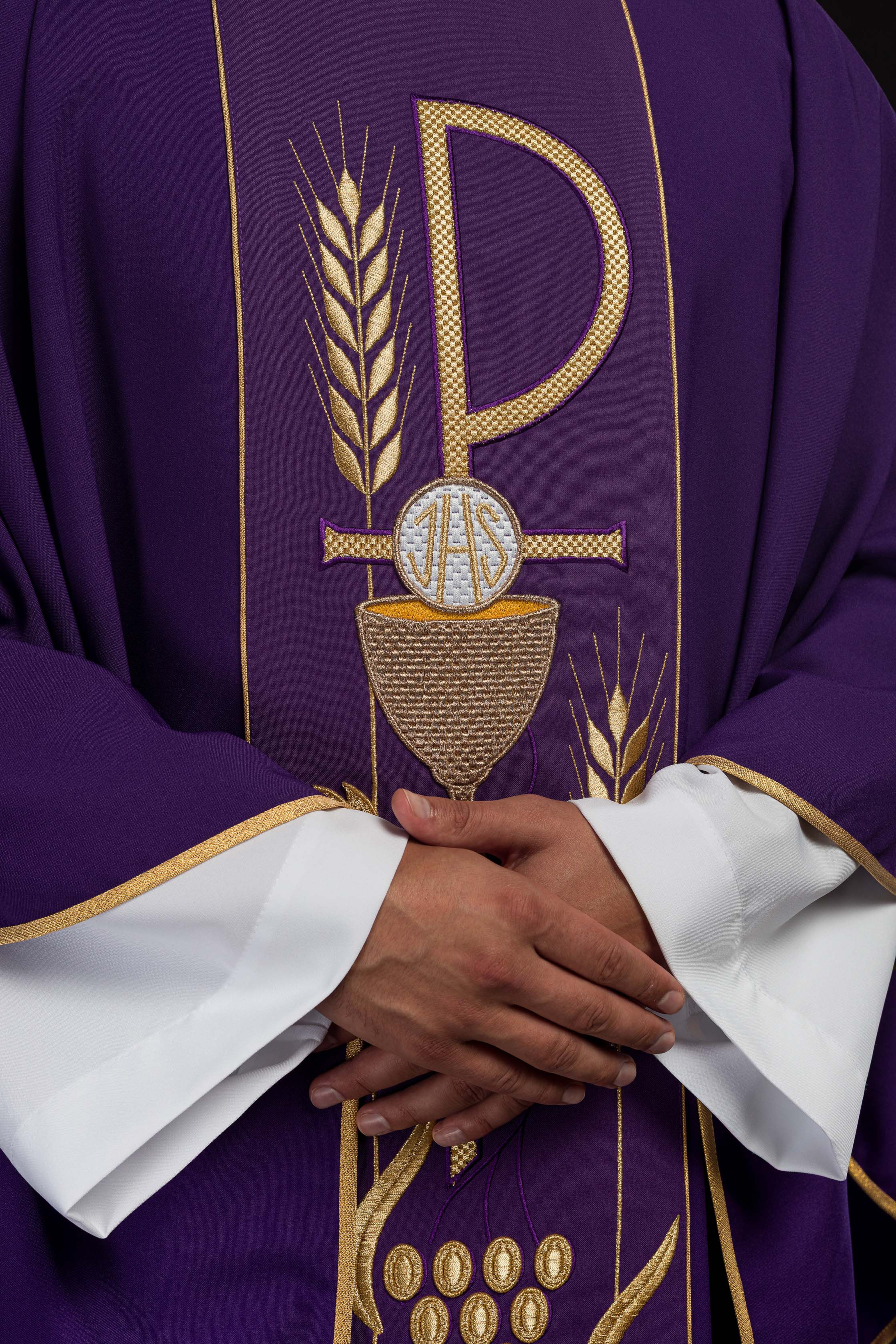 Purple chasuble embroidered with IHS Chalice pattern - CHASUBLES.COM