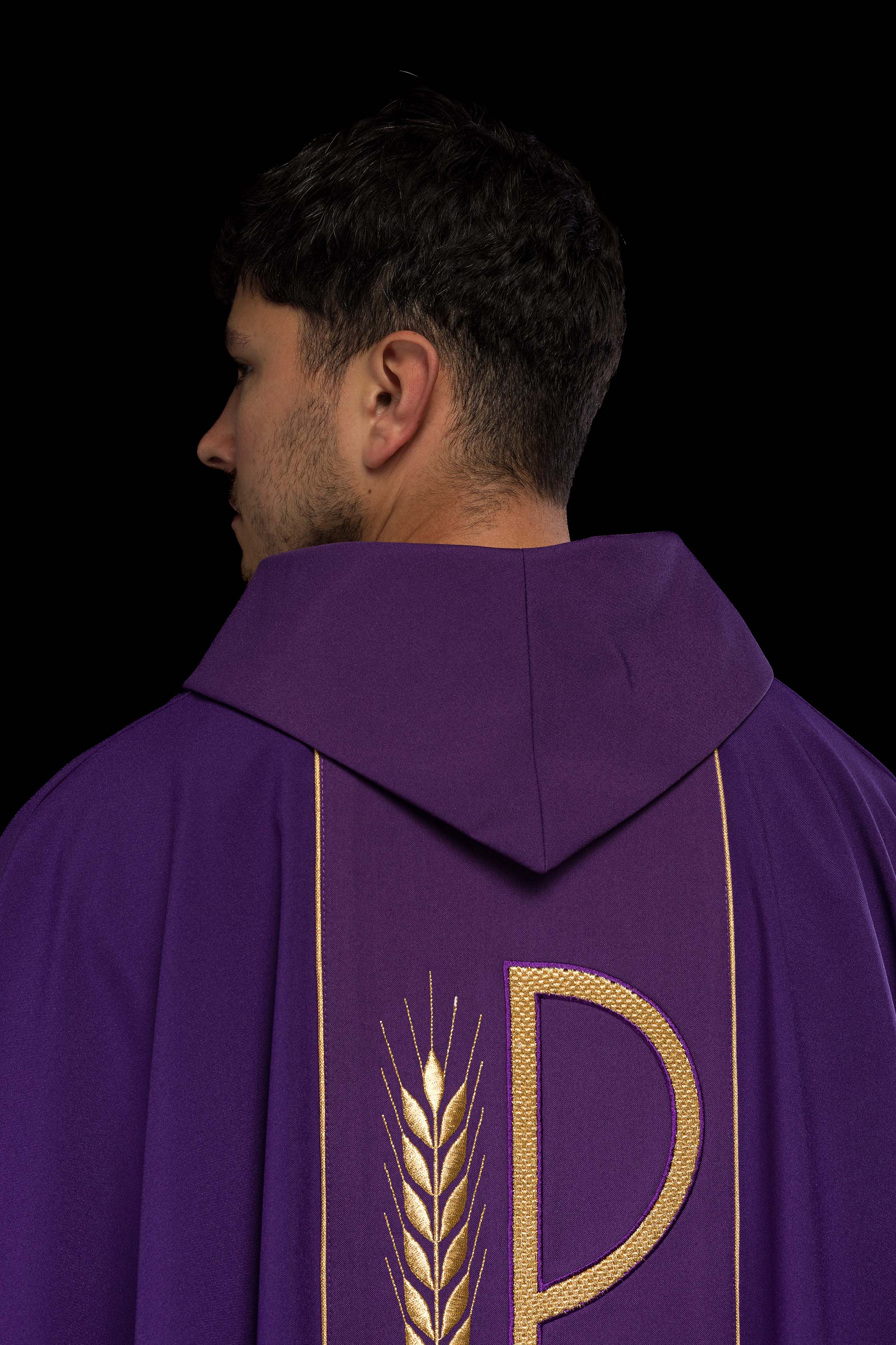 Purple chasuble embroidered with IHS Chalice pattern - CHASUBLES.COM
