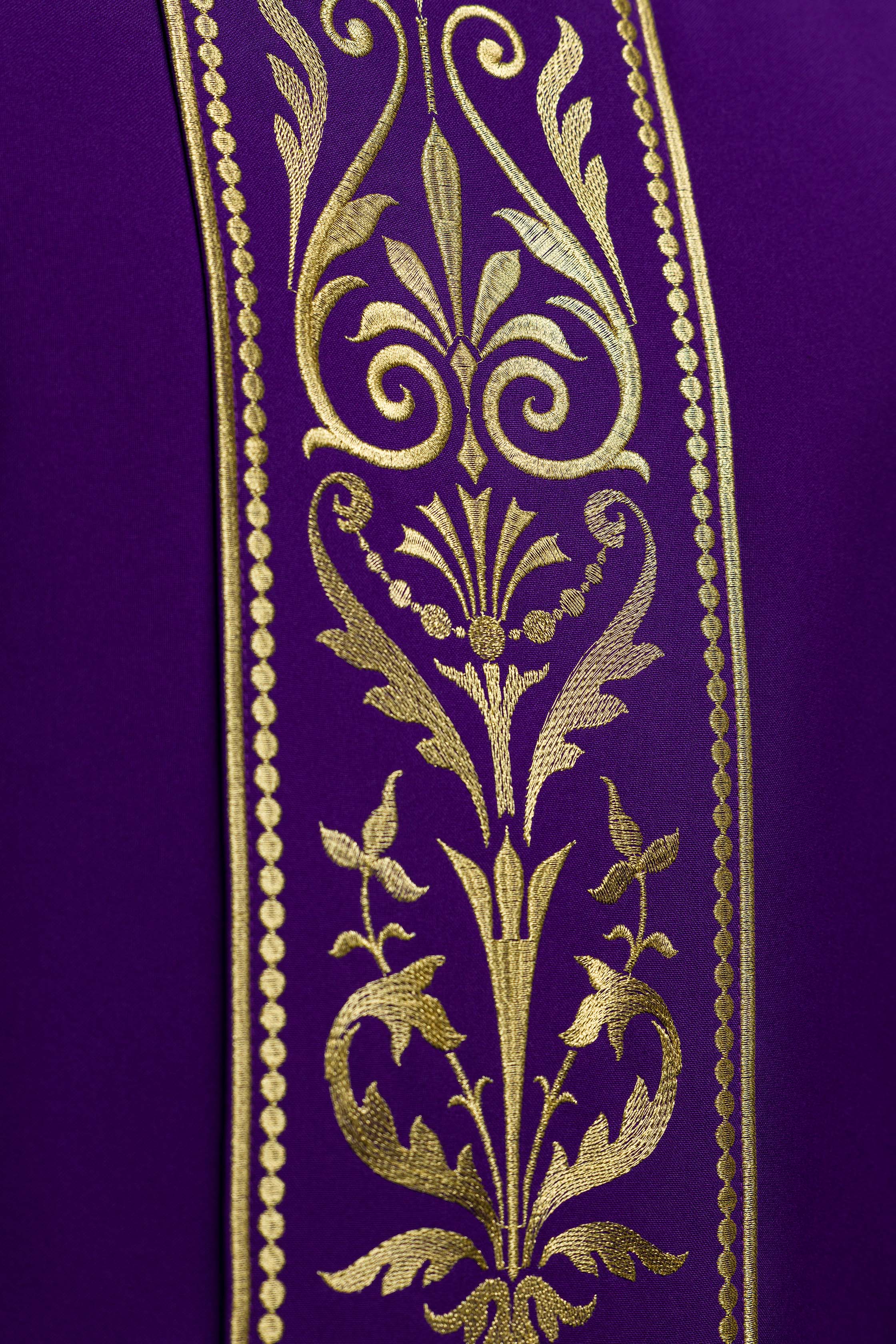 Purple liturgical chasuble decorated with a gold embroidered belt