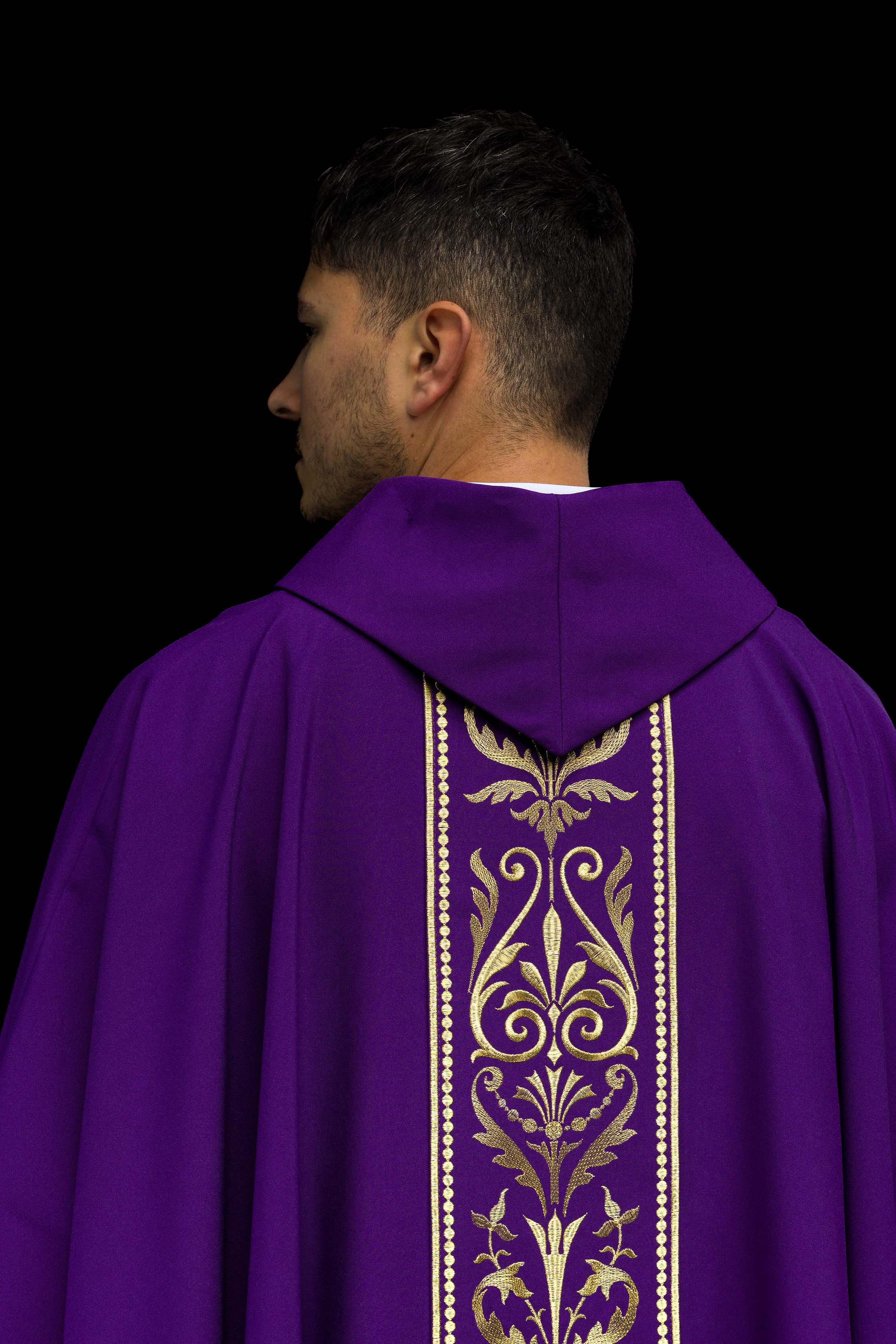 Purple liturgical chasuble decorated with a gold embroidered belt