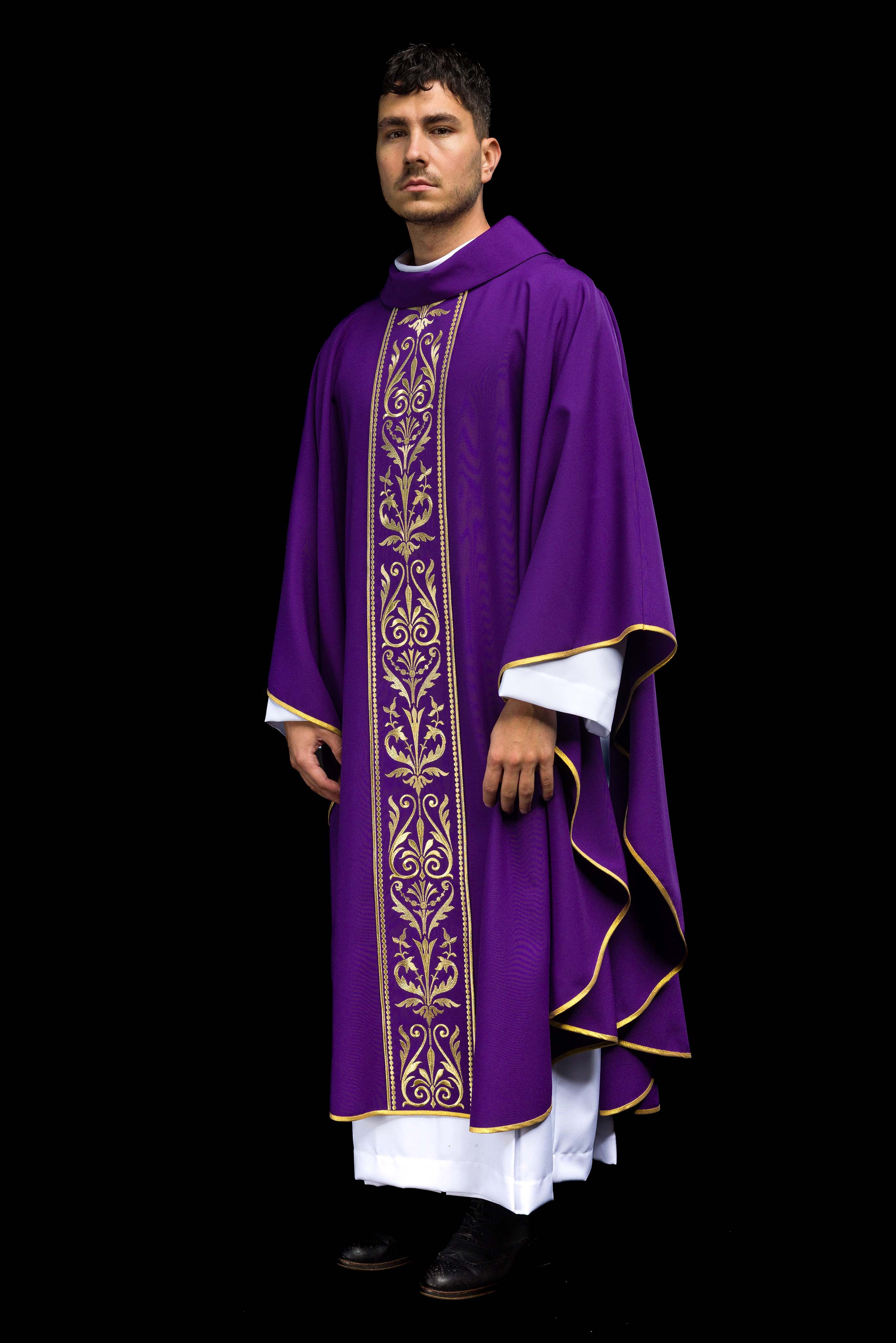 Purple liturgical chasuble decorated with a gold embroidered belt