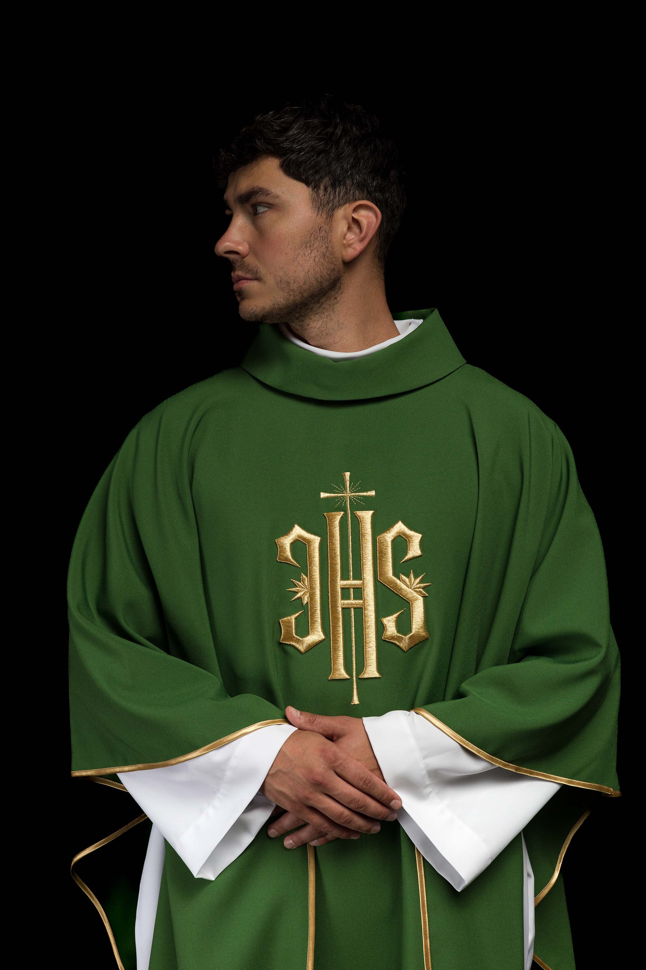 Green chasuble embroidered with IHS motif - CHASUBLES.COM