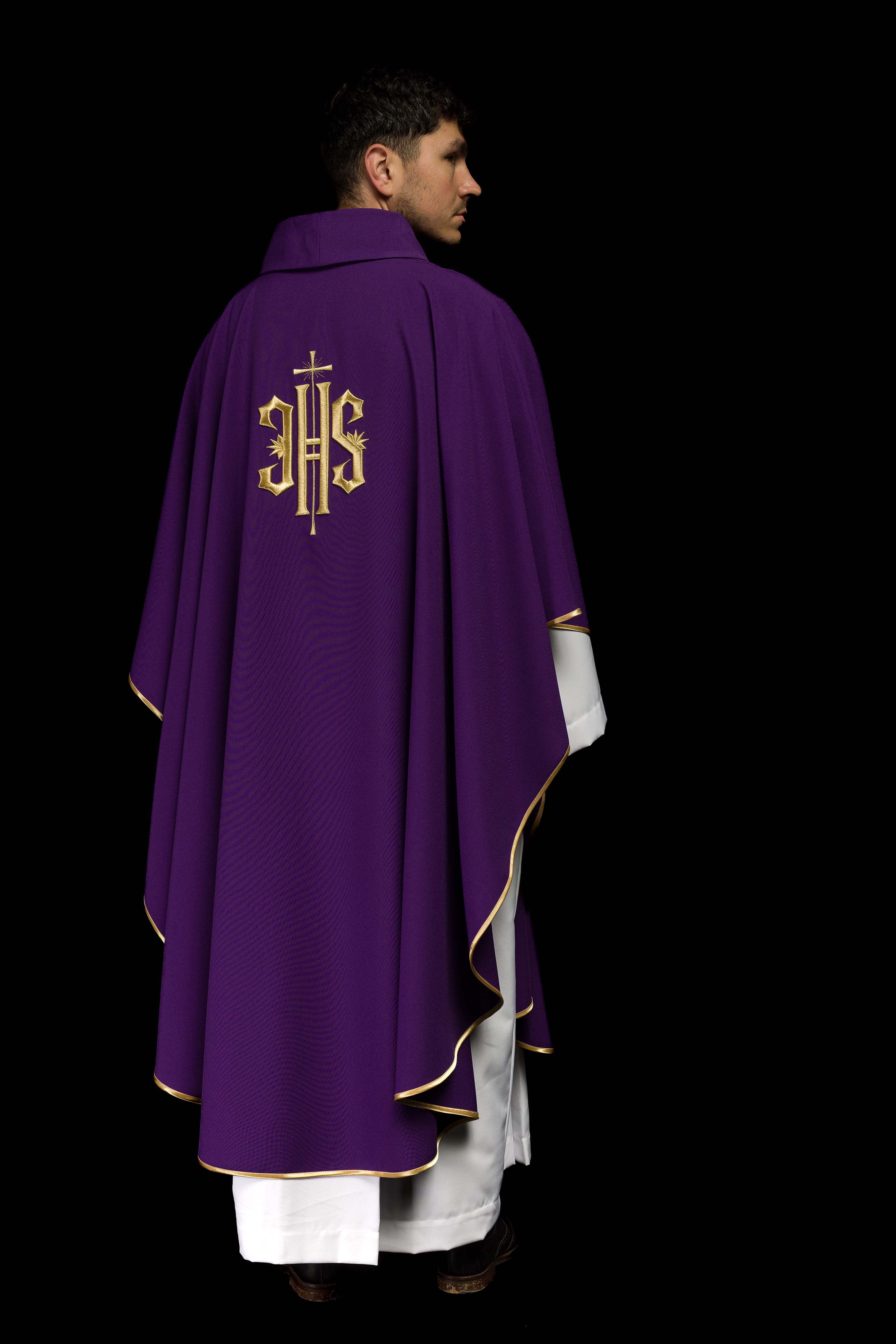 Purple chasuble embroidered with IHS motif