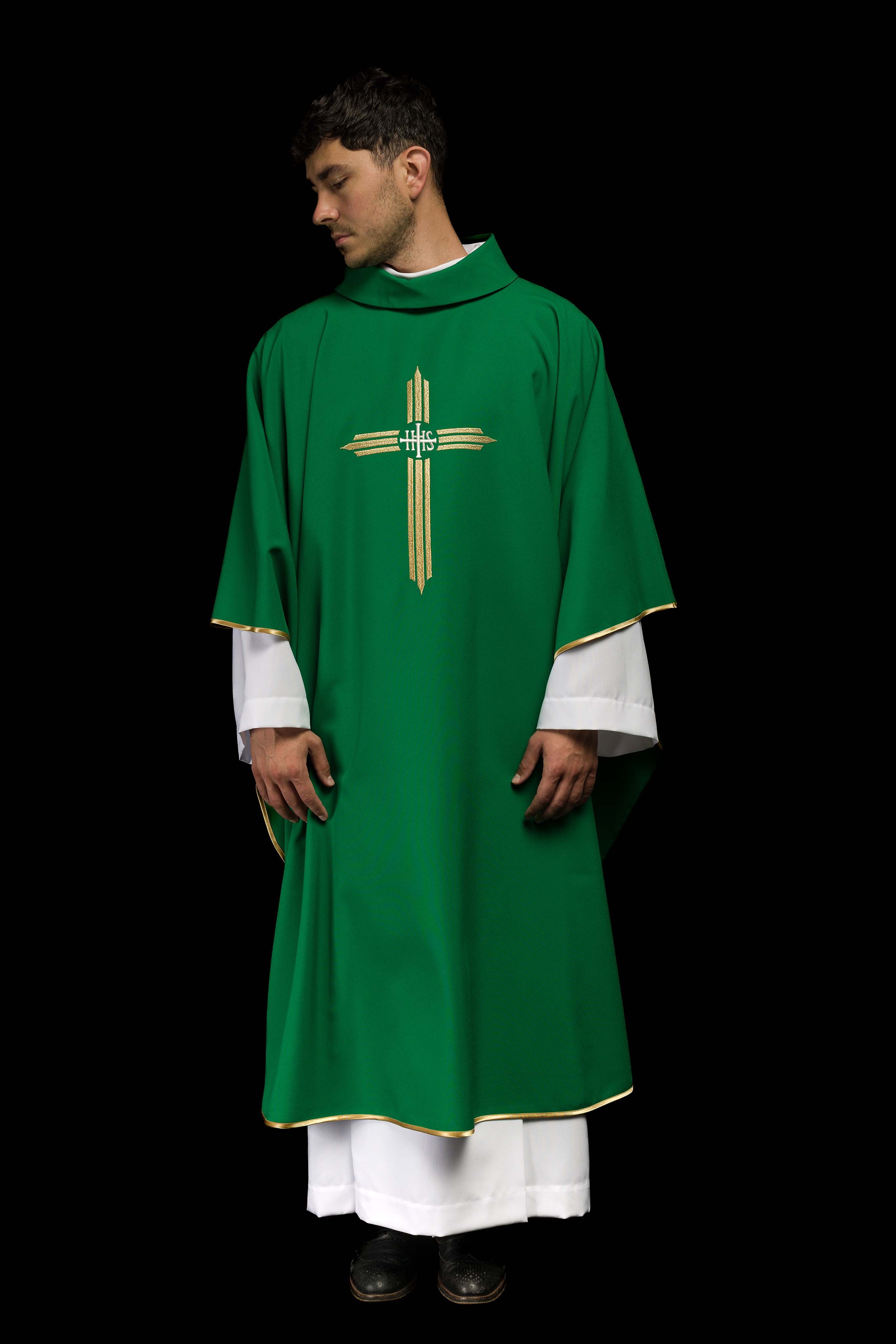 Green chasuble embroidered with the symbol of Cross IHS - CHASUBLES.COM