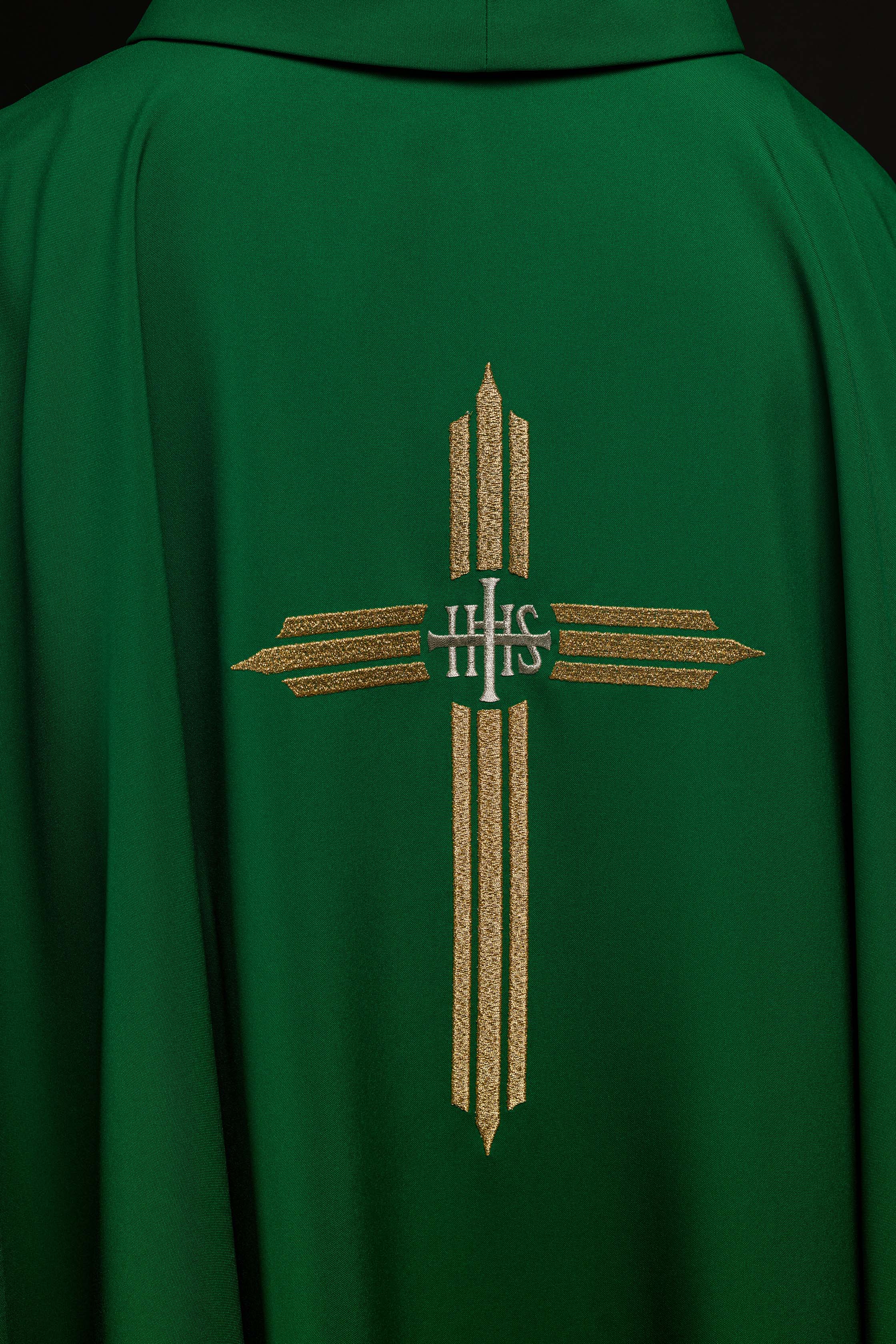 Green chasuble embroidered with the symbol of Cross IHS - CHASUBLES.COM