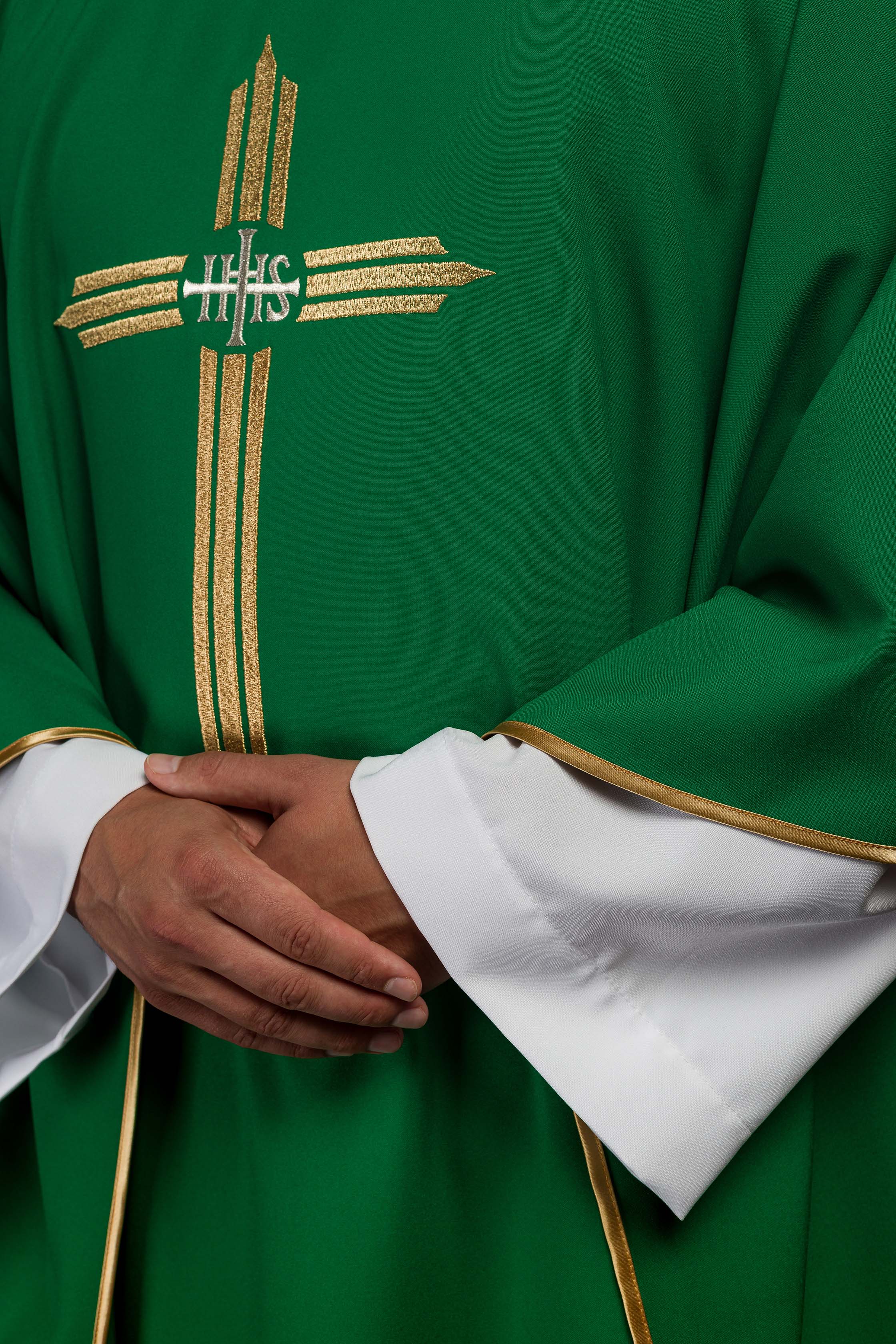 Green chasuble embroidered with the symbol of Cross IHS - CHASUBLES.COM