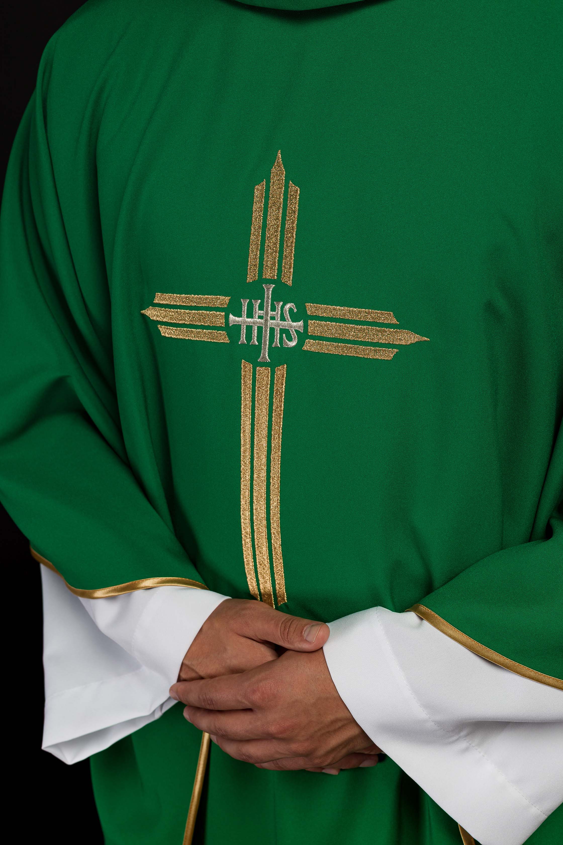 Green chasuble embroidered with the symbol of Cross IHS - CHASUBLES.COM