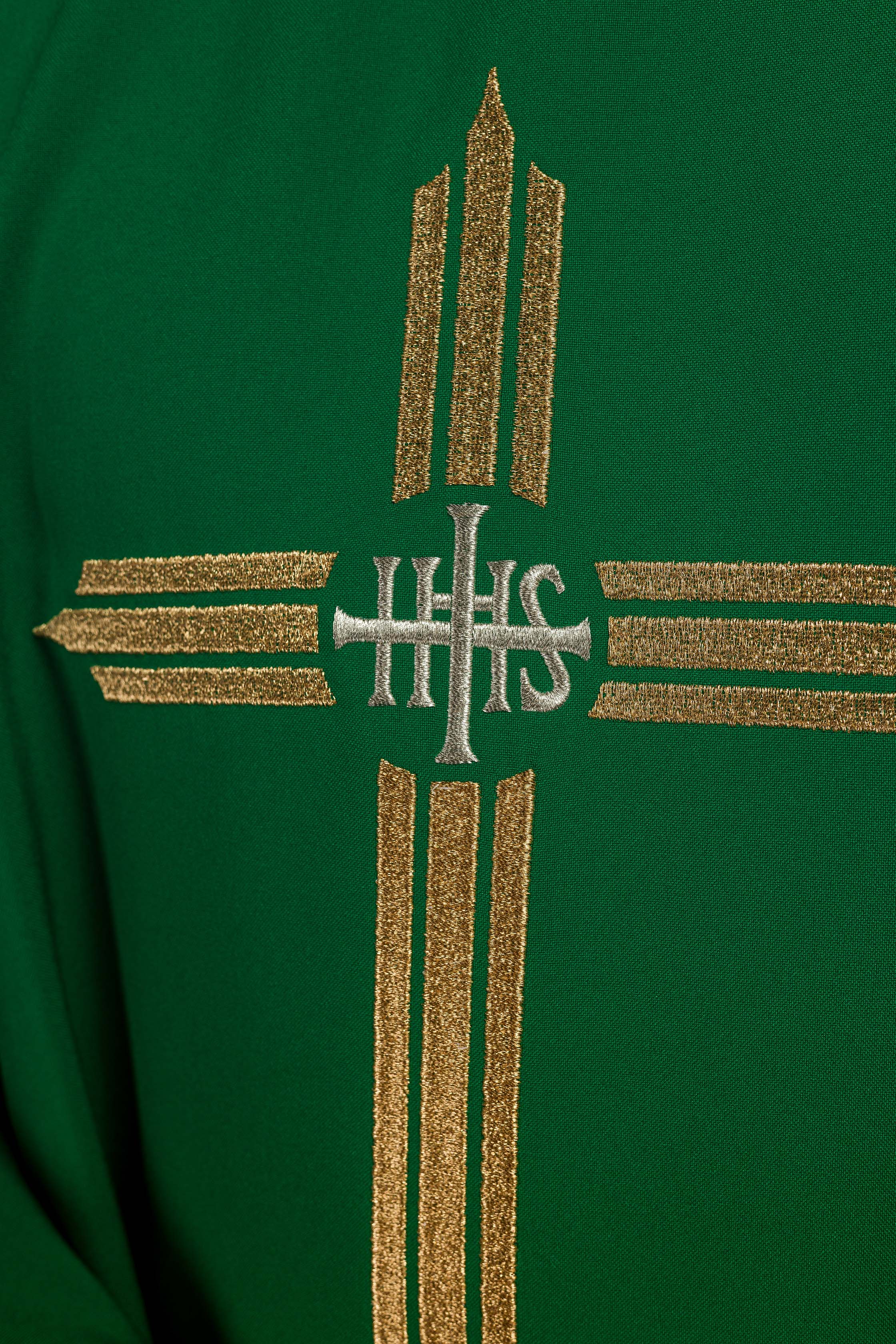 Green chasuble embroidered with the symbol of Cross IHS - CHASUBLES.COM