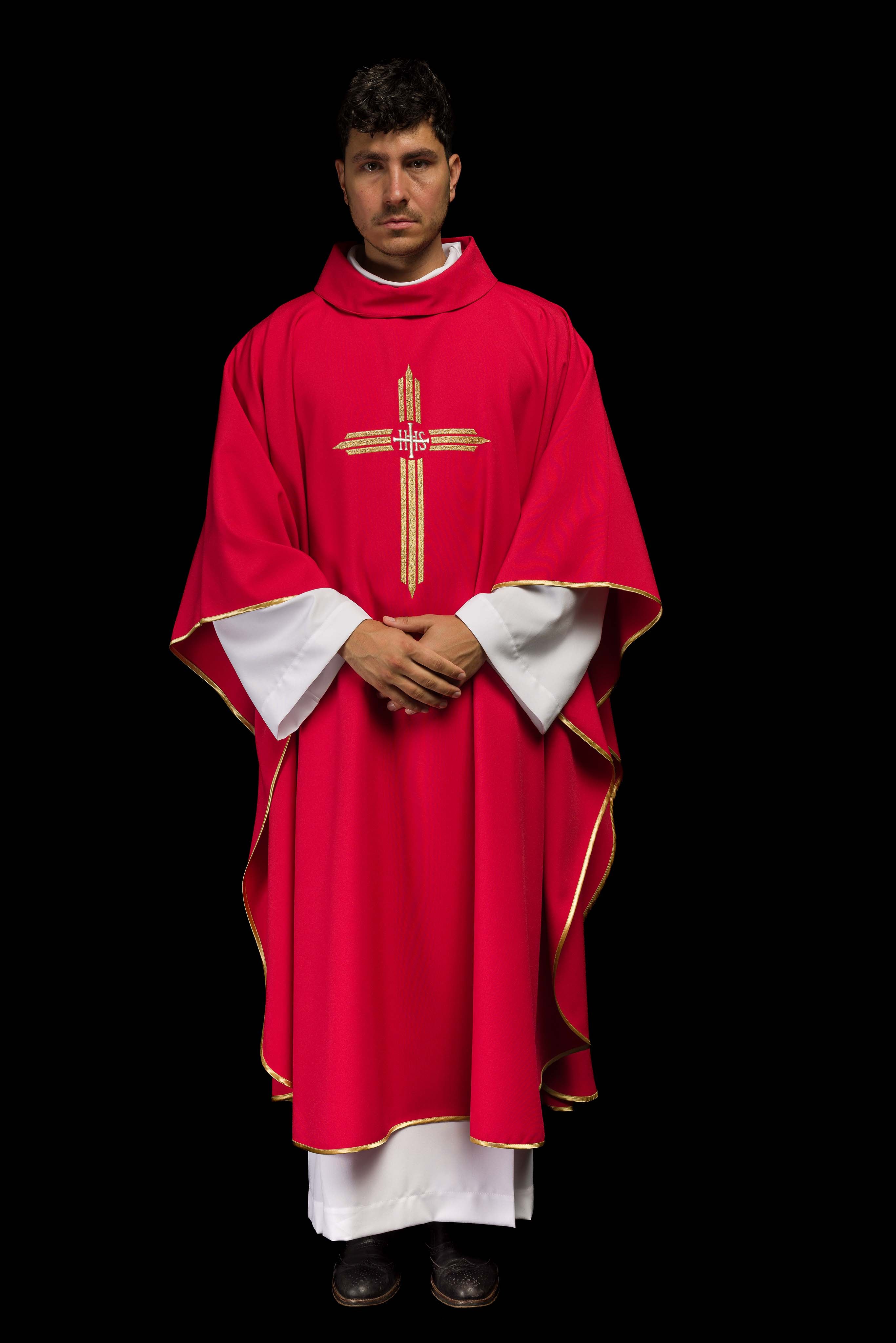 Red chasuble embroidered with the symbol of Cross IHS - CHASUBLES.COM