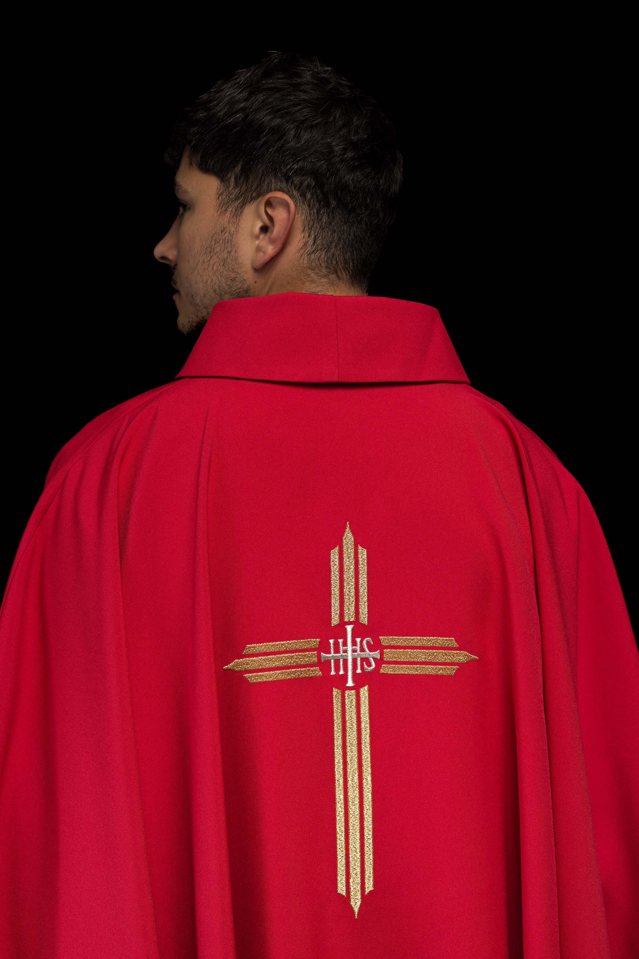 Red chasuble embroidered with the symbol of Cross IHS - CHASUBLES.COM