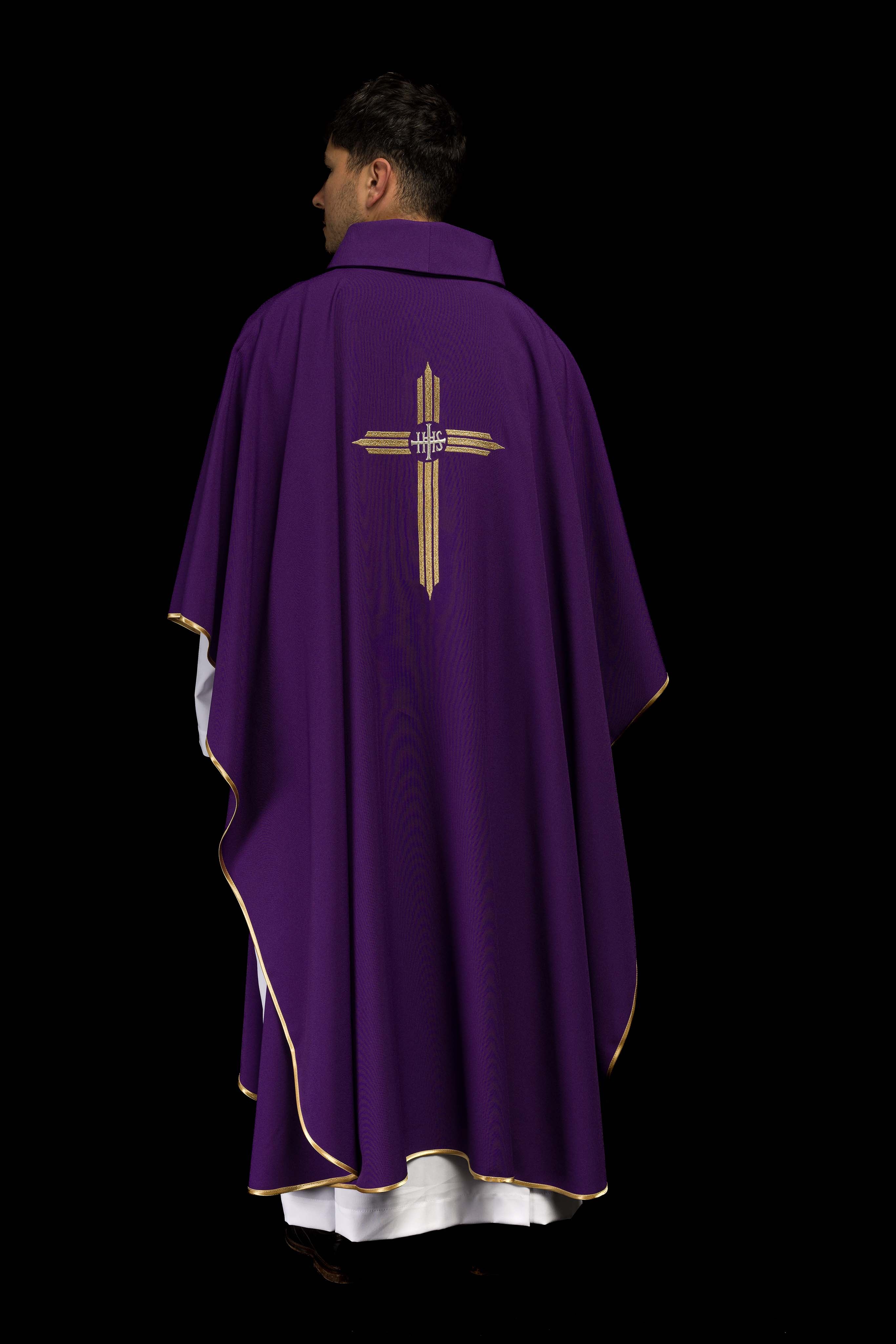 Purple chasuble embroidered with the symbol of Cross IHS - CHASUBLES.COM