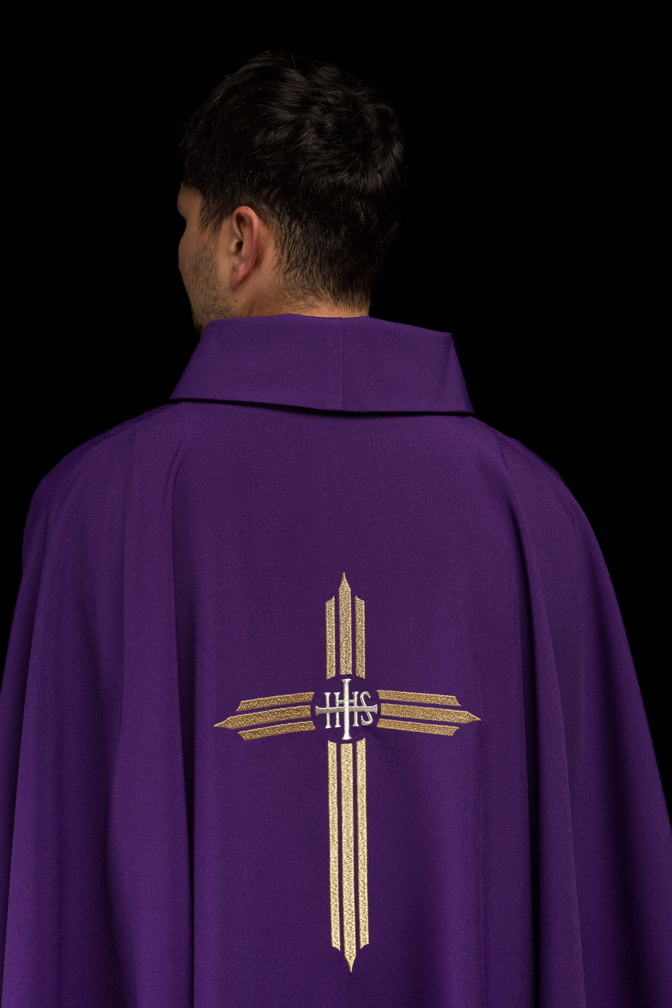 Purple chasuble embroidered with the symbol of Cross IHS - CHASUBLES.COM
