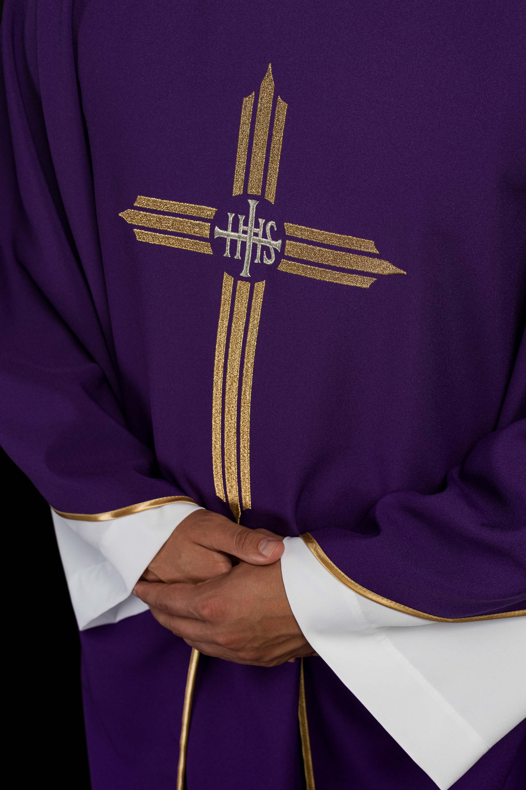 Purple chasuble embroidered with the symbol of Cross IHS - CHASUBLES.COM
