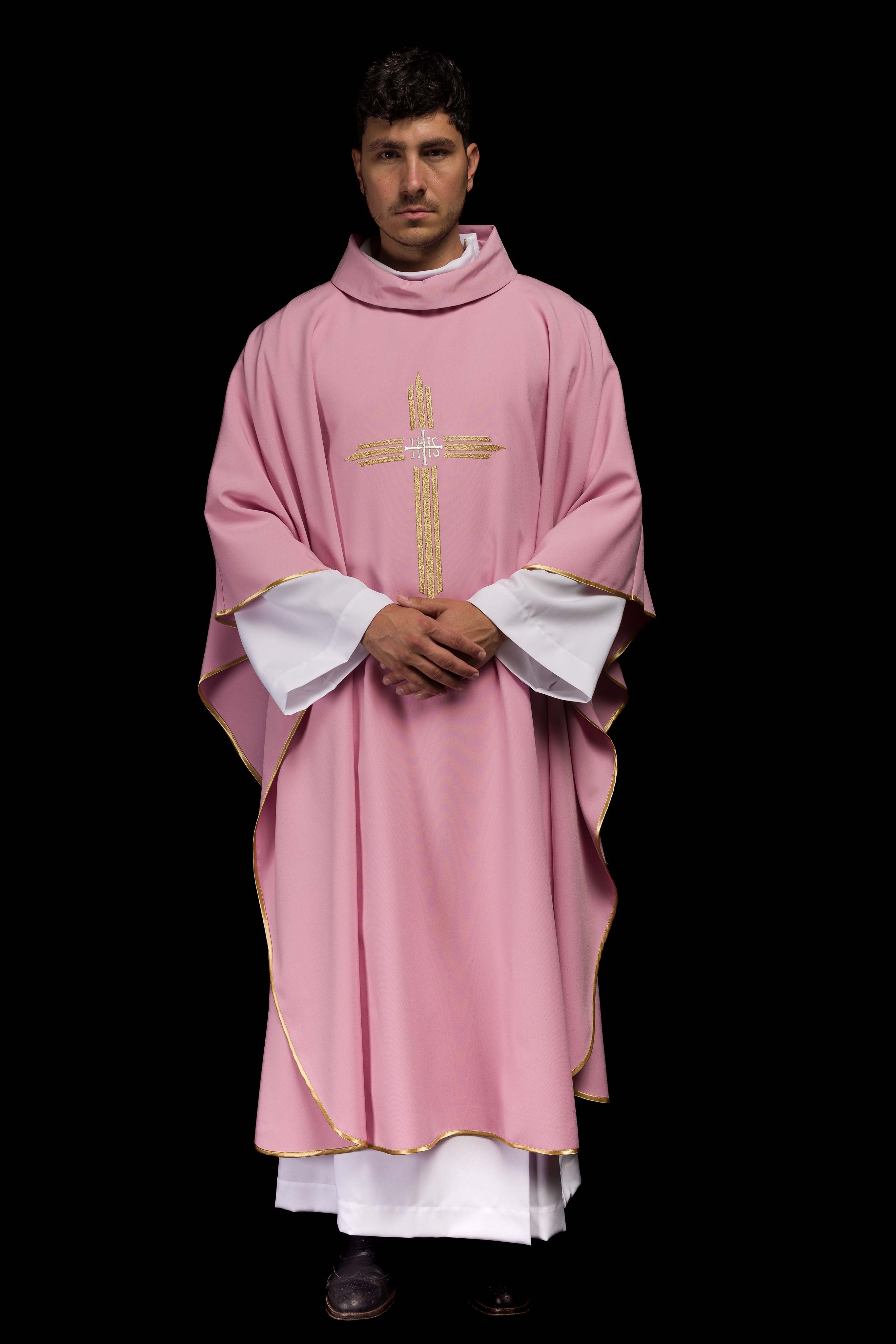 Pink chasuble embroidered with the symbol of Cross IHS - CHASUBLES.COM