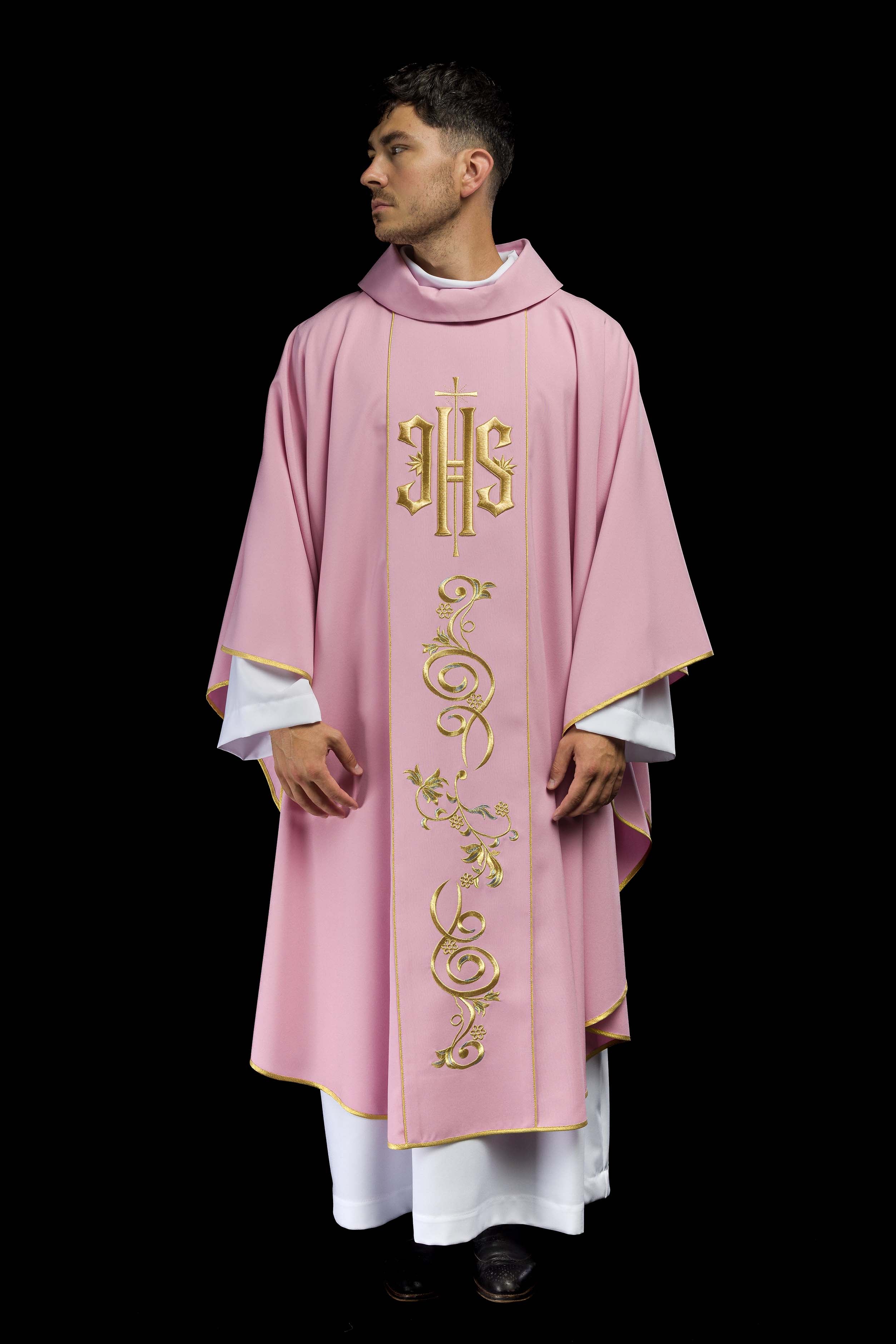 Pink chasuble with classic IHS embroidery
