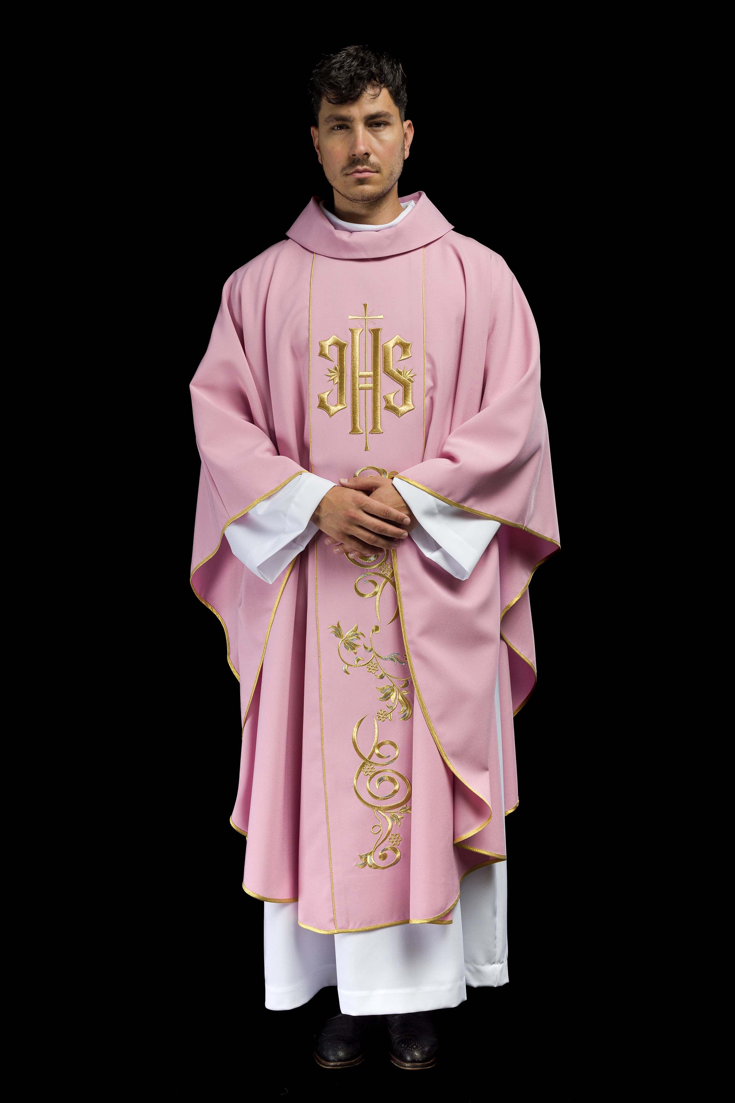 Pink chasuble with classic IHS embroidery