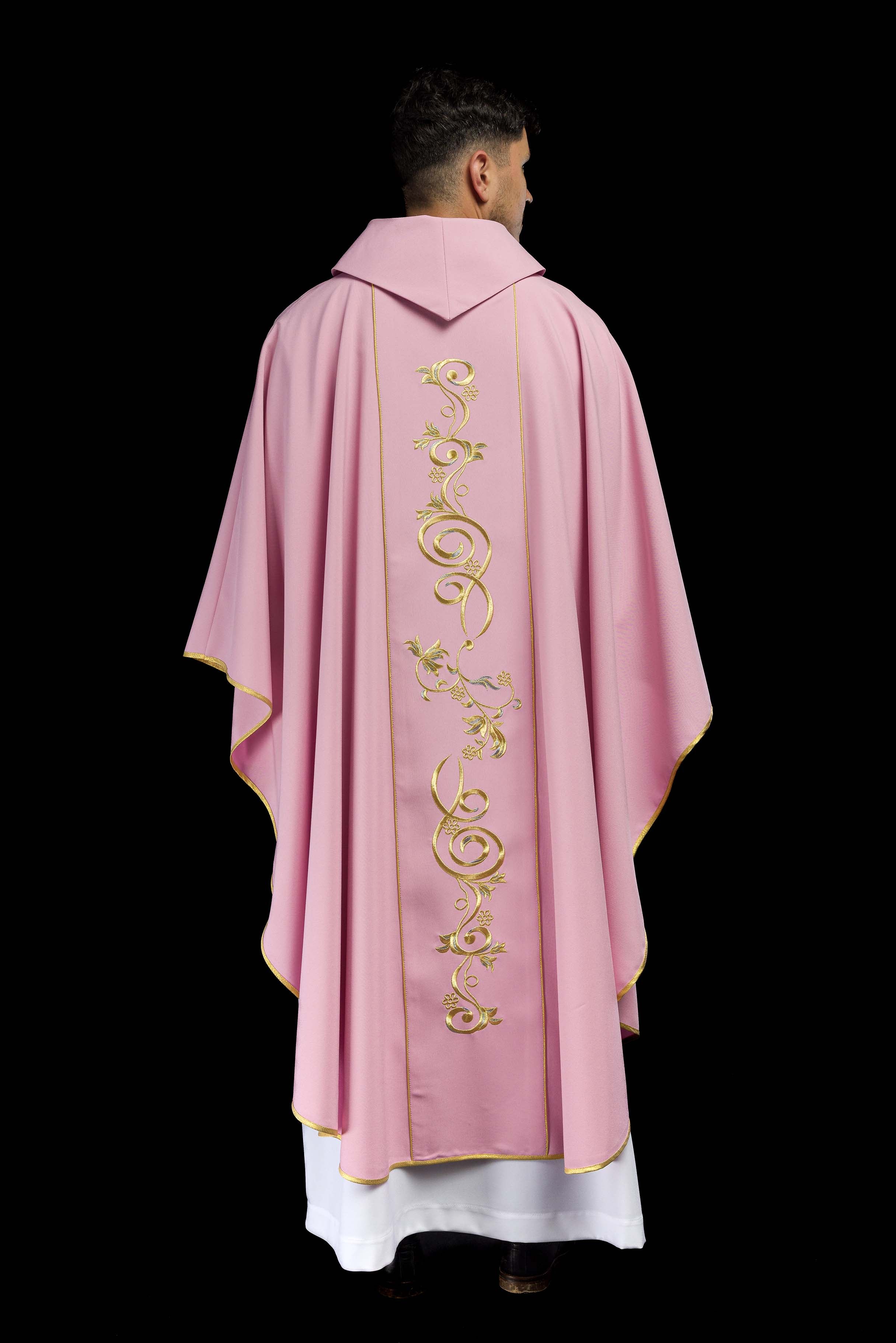 Pink chasuble with classic IHS embroidery