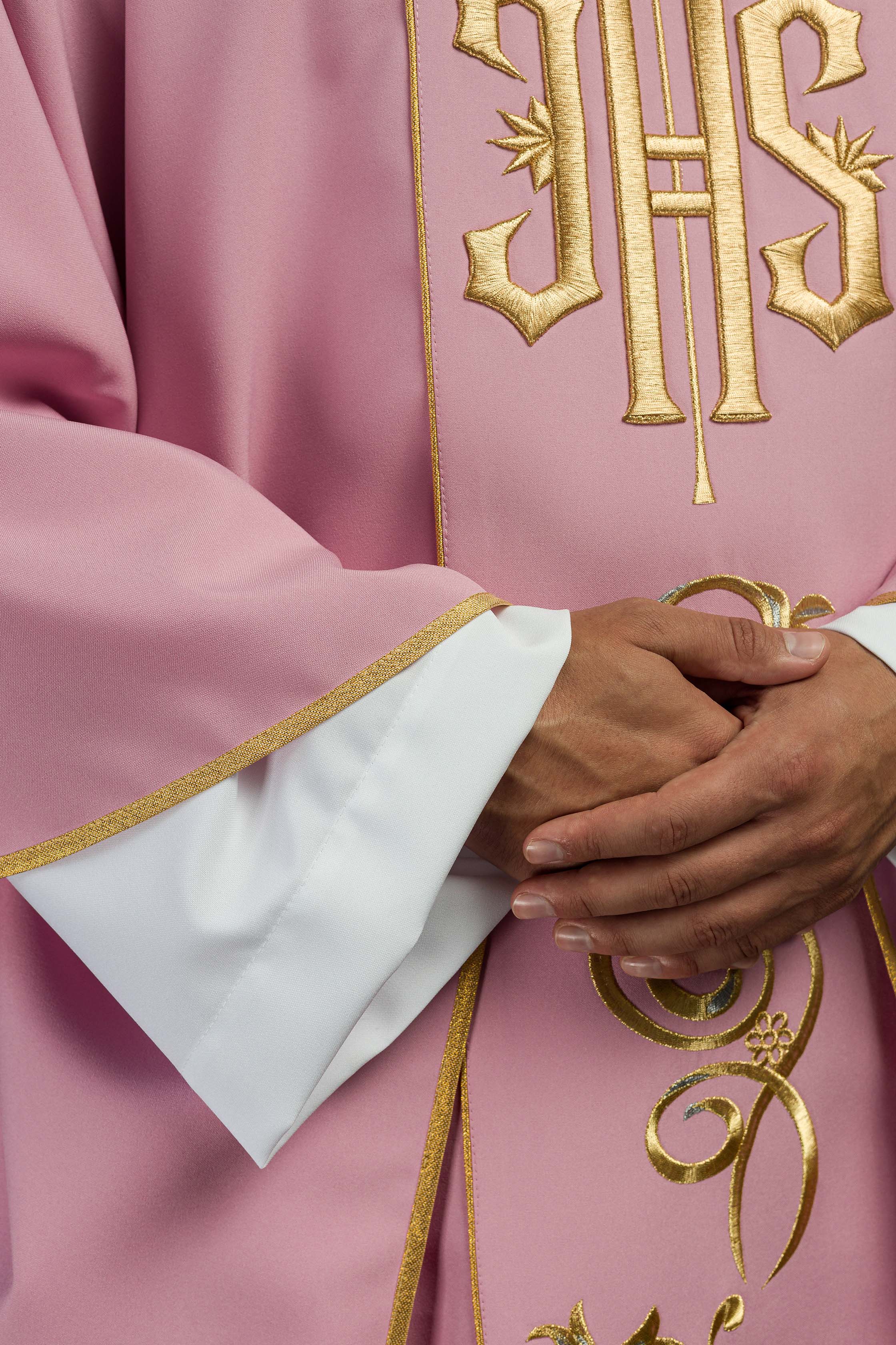 Pink chasuble with classic IHS embroidery