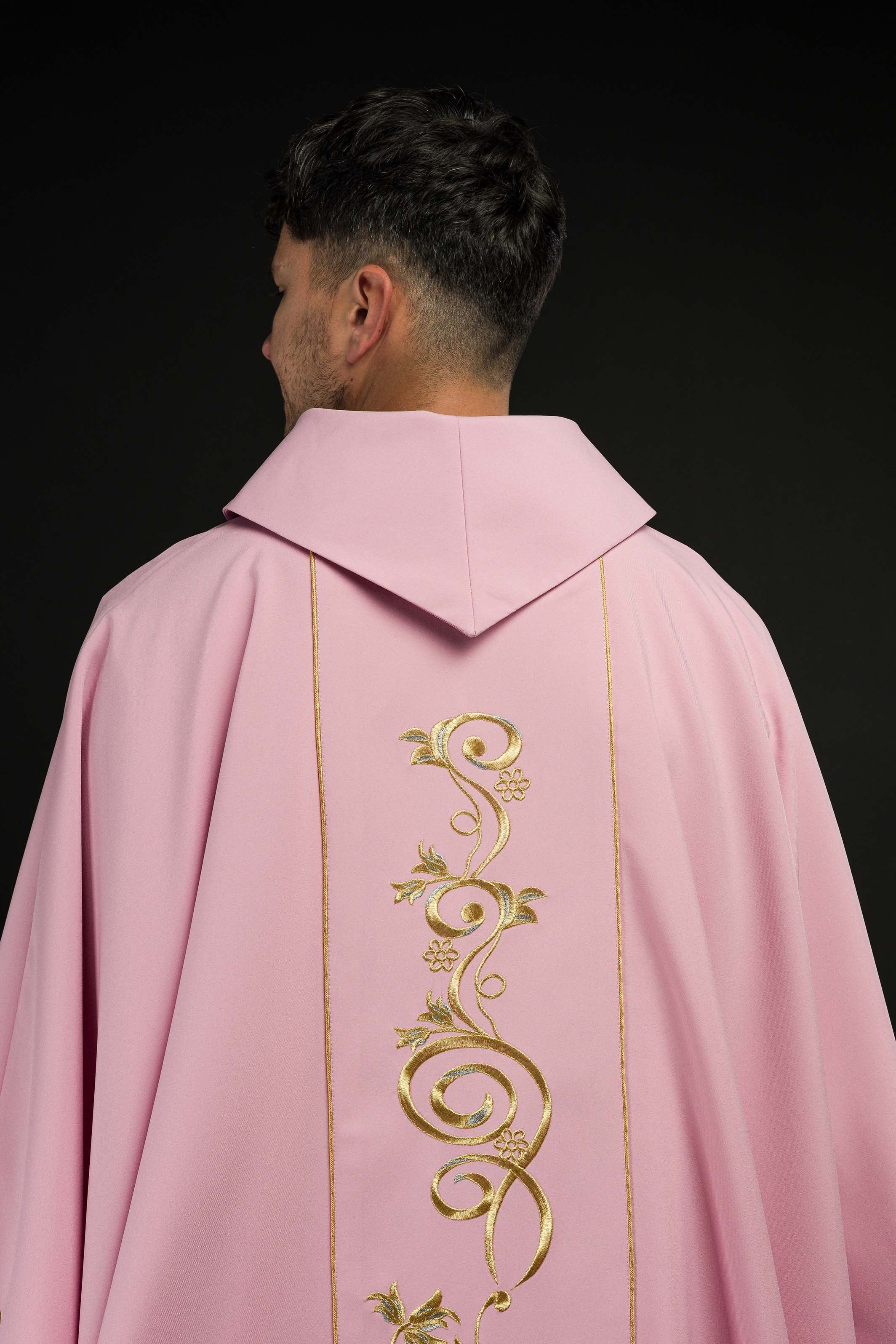 Pink chasuble with classic IHS embroidery