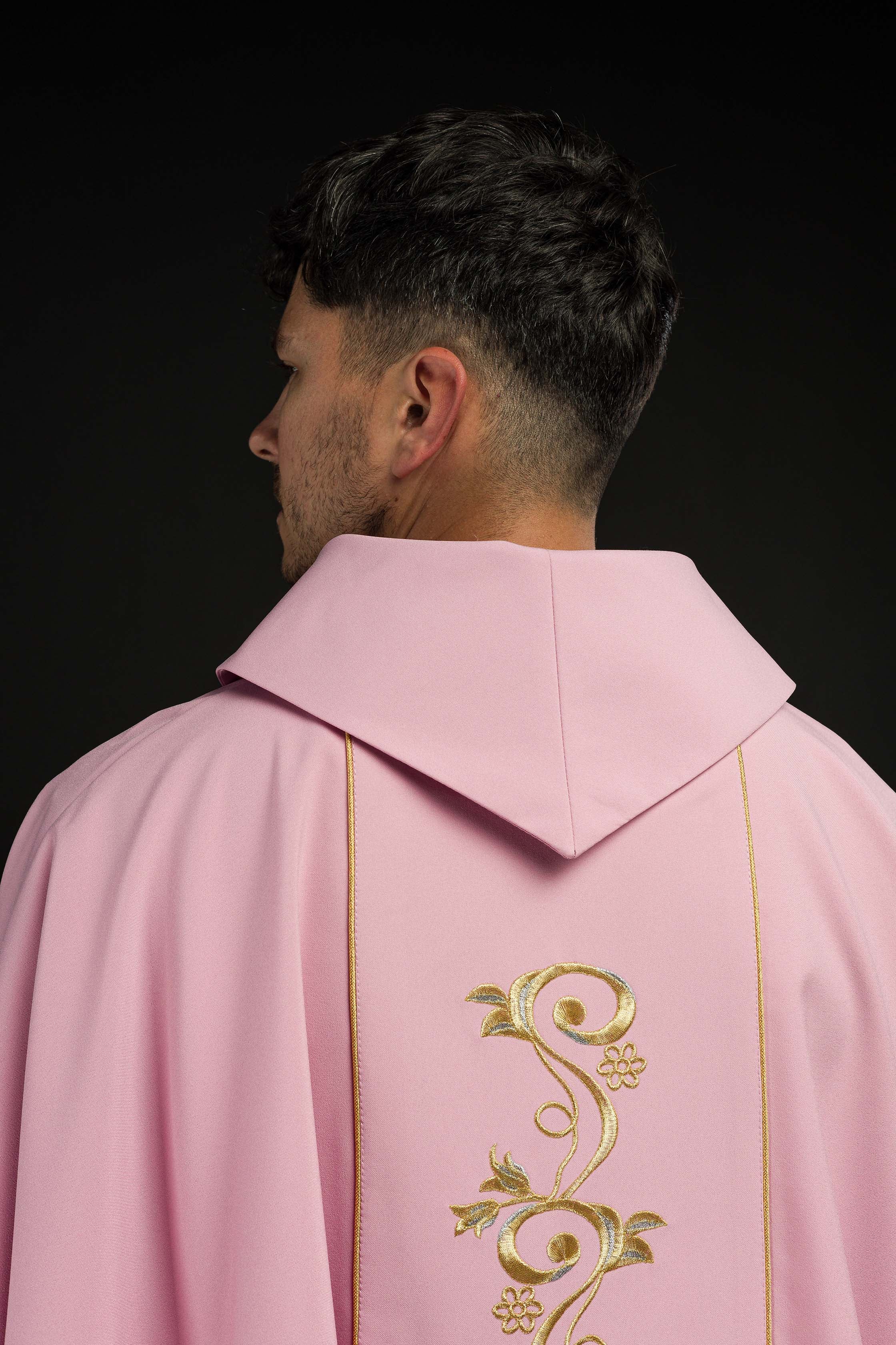 Pink chasuble with classic IHS embroidery