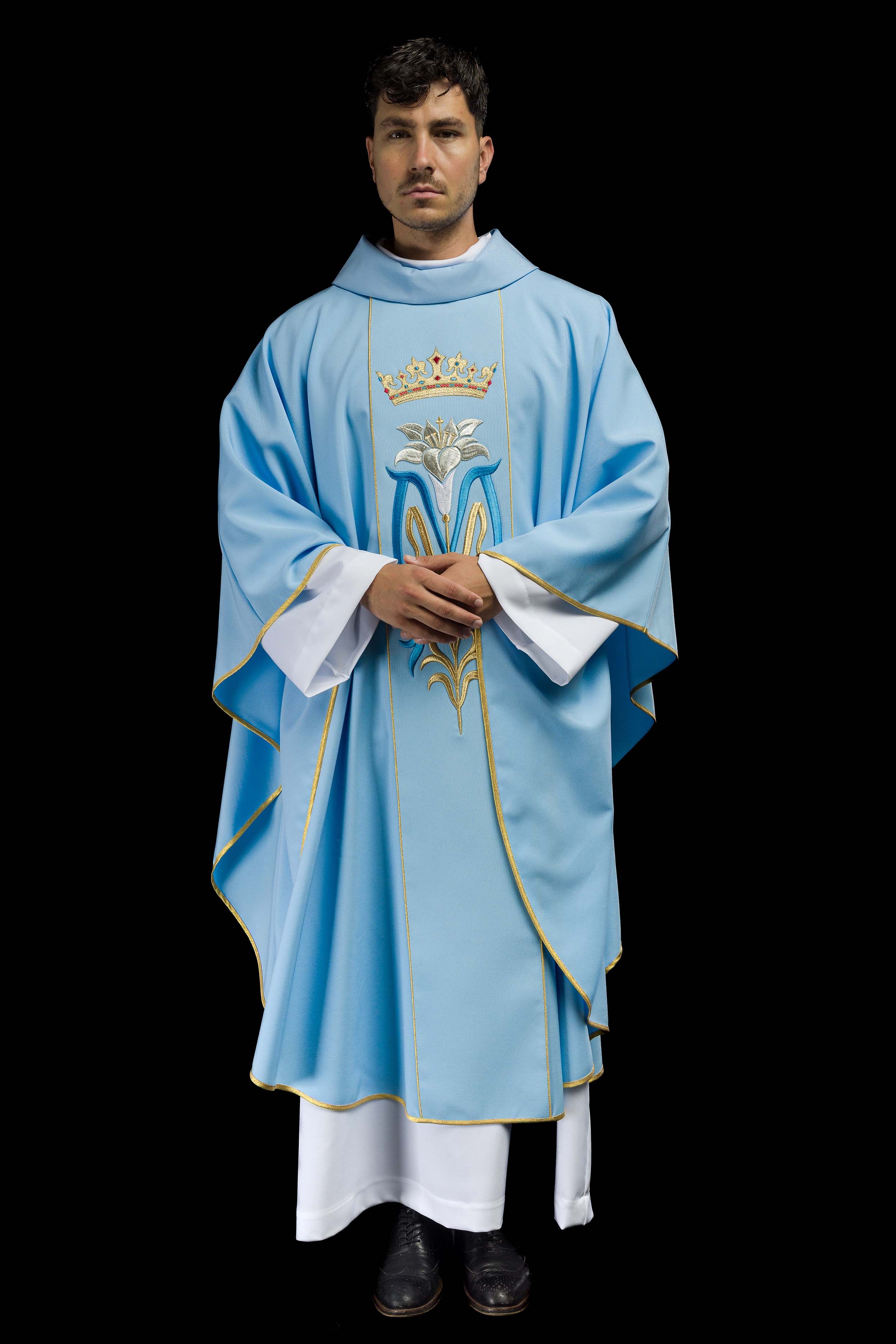 Blue liturgical Marian chasuble embroidered with a crown - CHASUBLES.COM