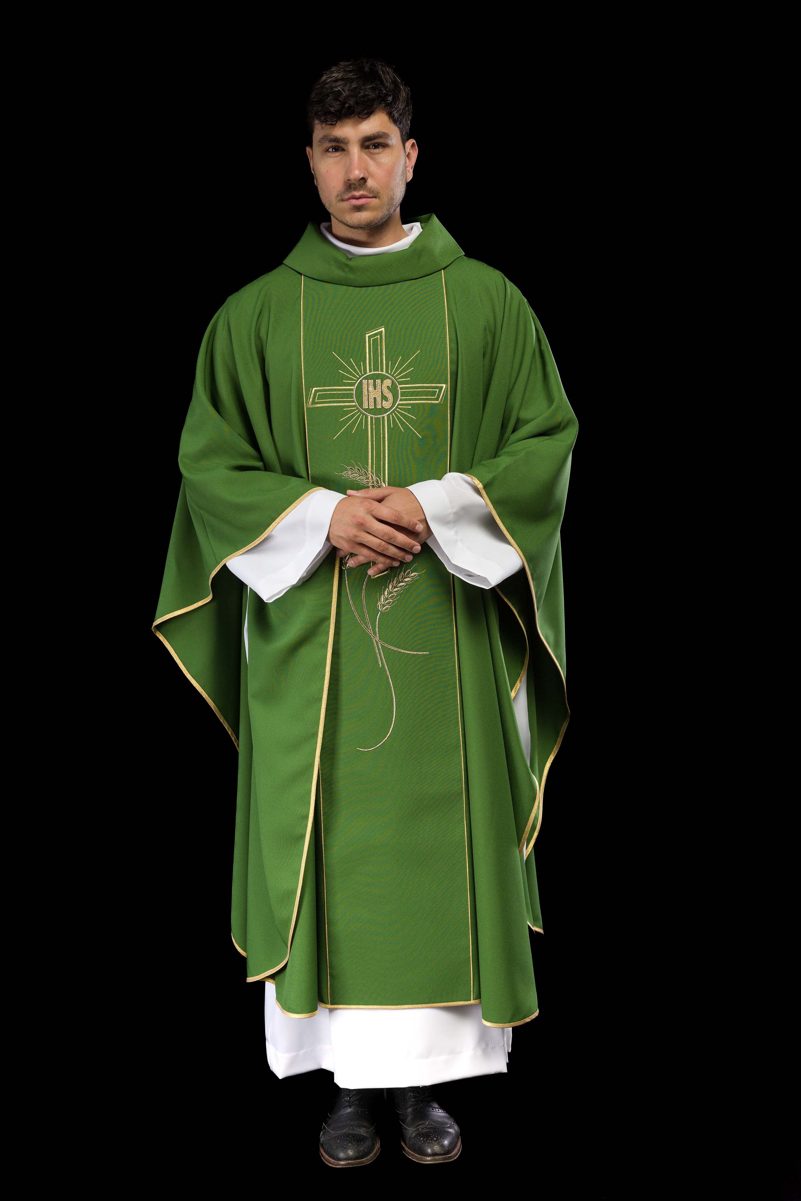 Green chasuble with embroidered Cross IHS symbol - CHASUBLES.COM