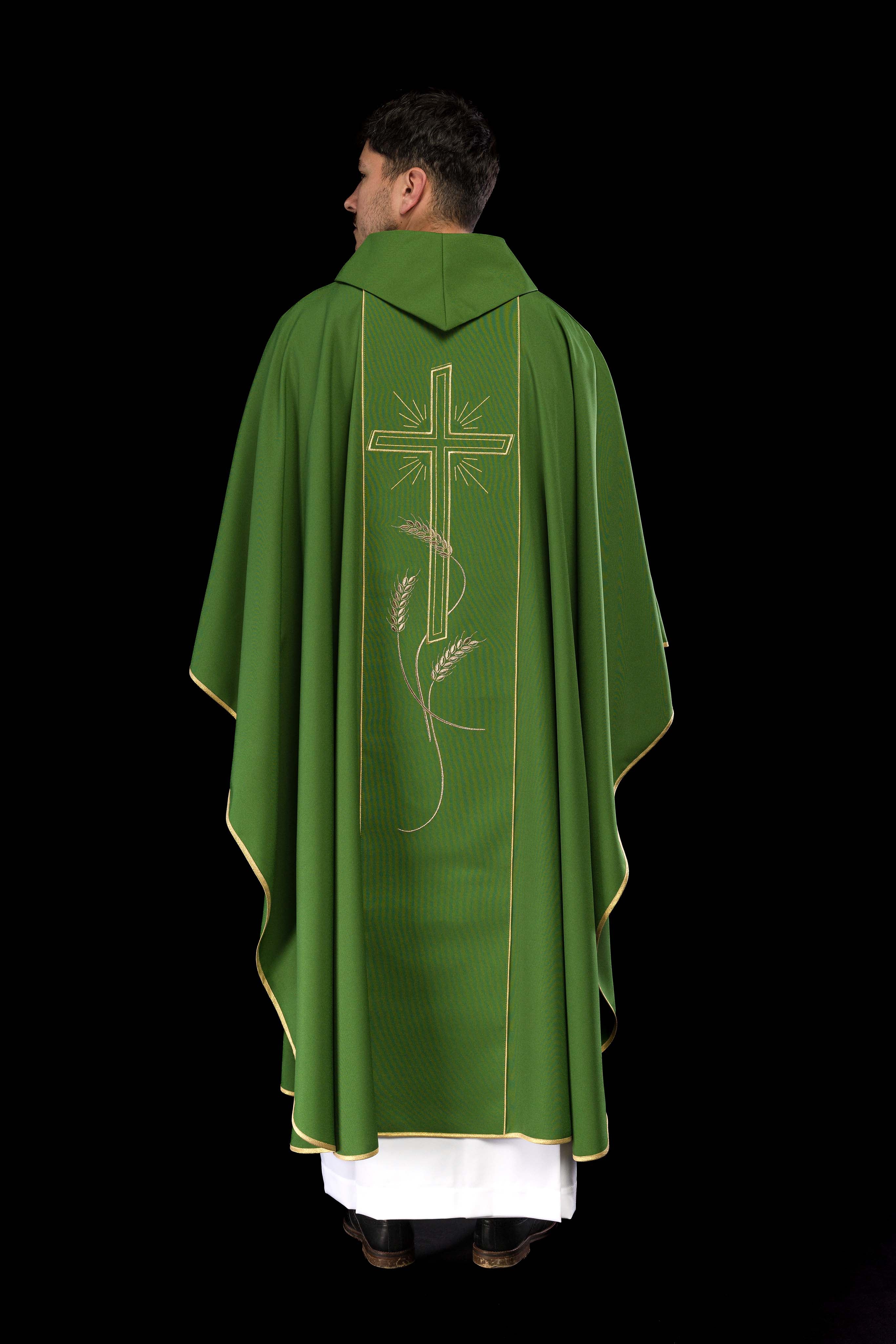 Green chasuble with embroidered Cross IHS symbol - CHASUBLES.COM