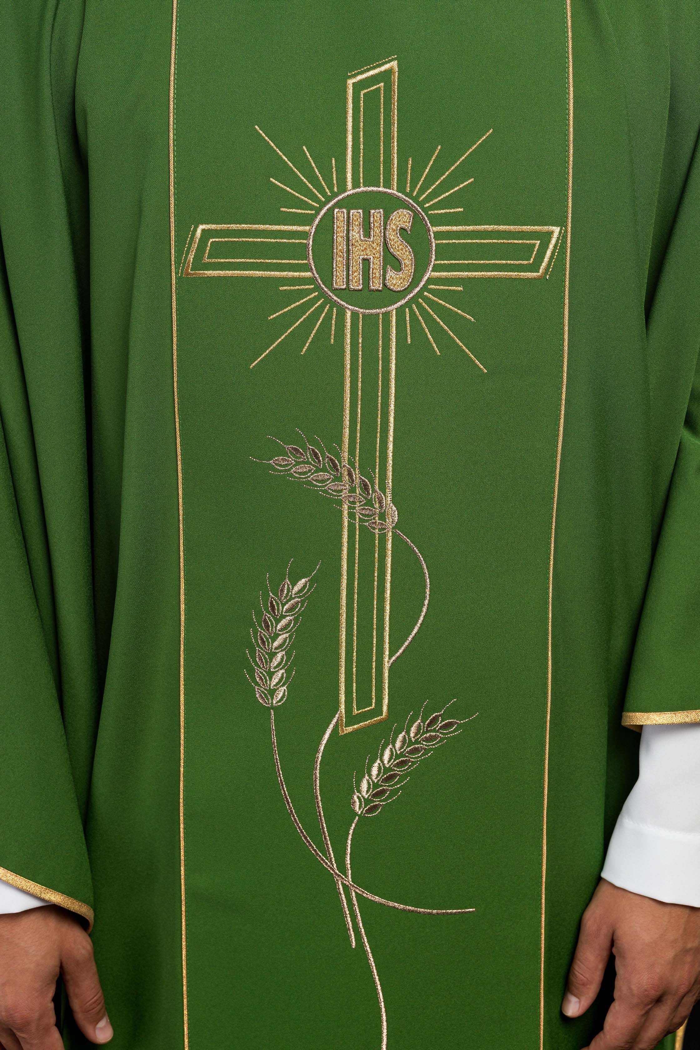 Green chasuble with embroidered Cross IHS symbol - CHASUBLES.COM