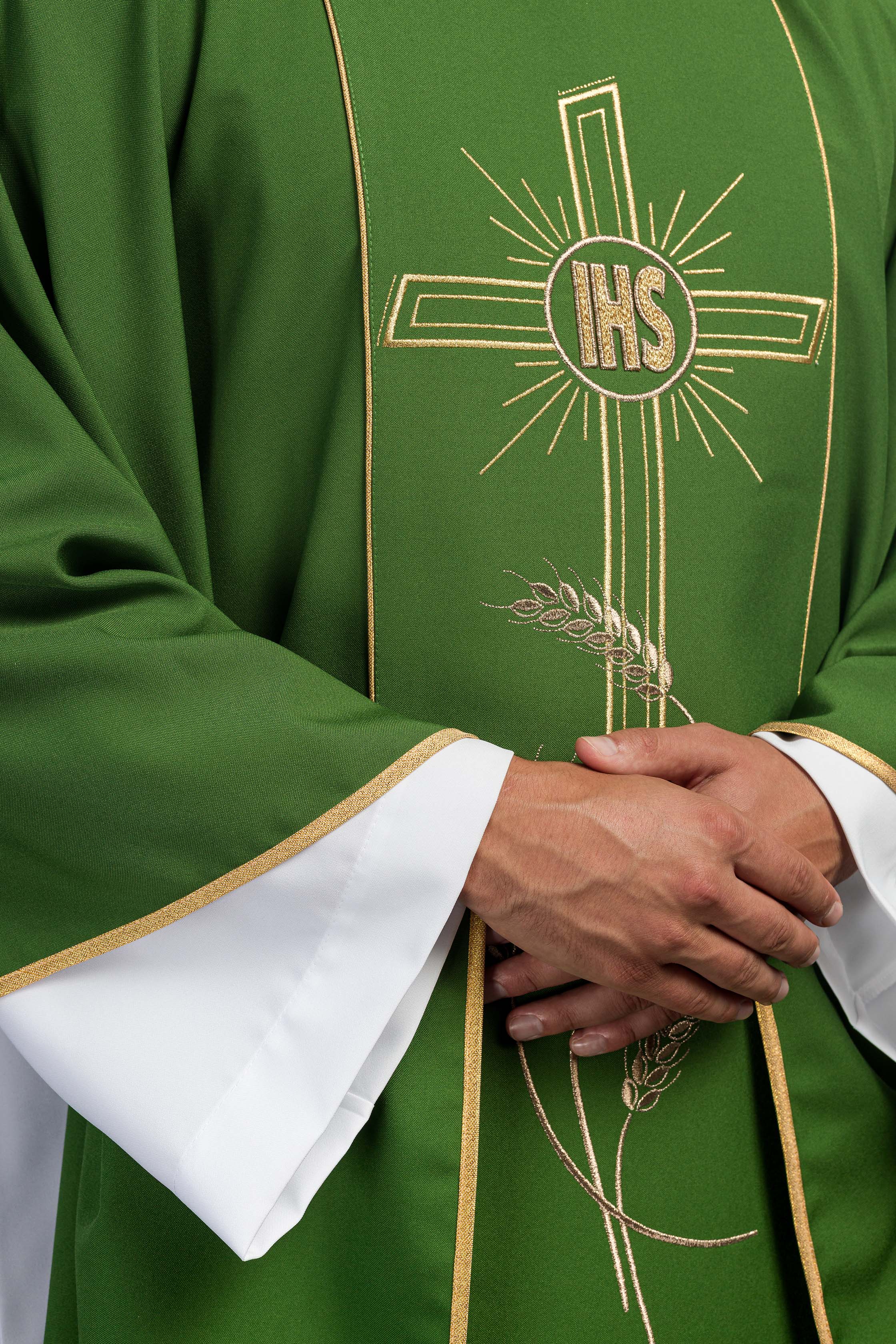 Green chasuble with embroidered Cross IHS symbol - CHASUBLES.COM