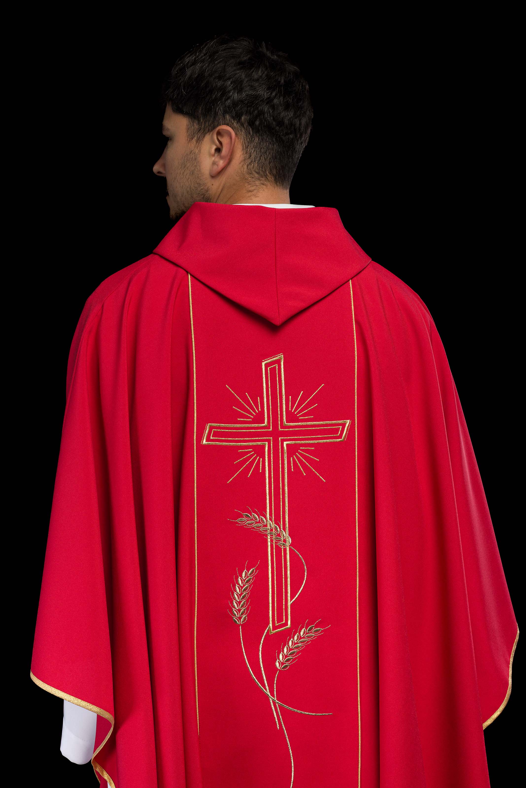 Red chasuble with embroidered Cross IHS symbol - CHASUBLES.COM