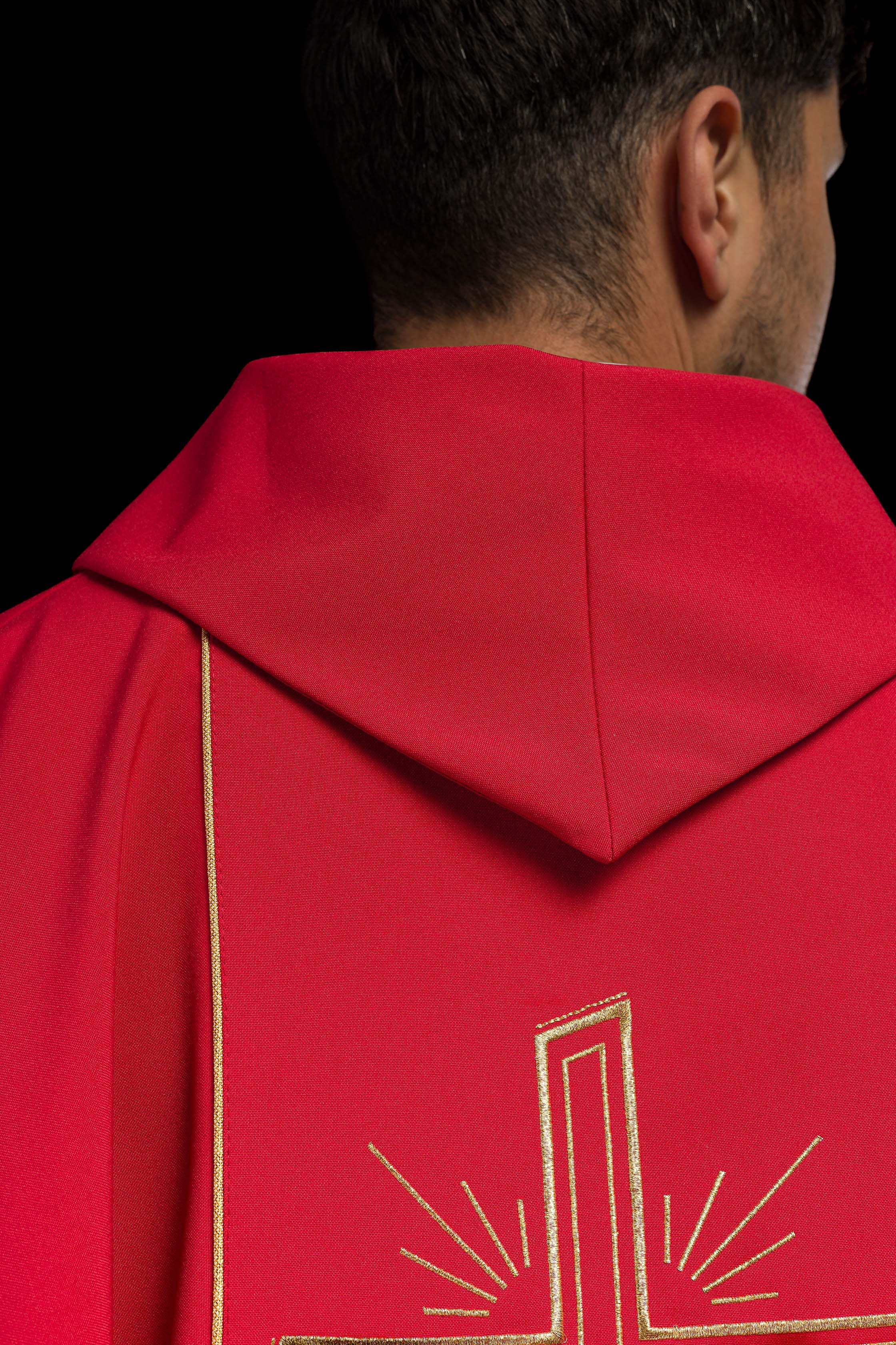 Red chasuble with embroidered Cross IHS symbol - CHASUBLES.COM
