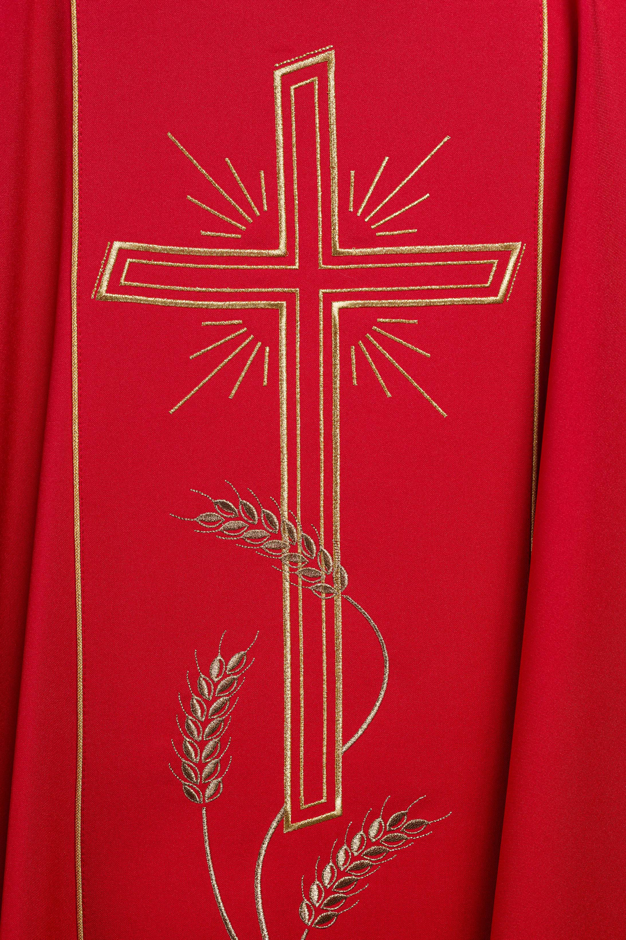 Red chasuble with embroidered Cross IHS symbol - CHASUBLES.COM