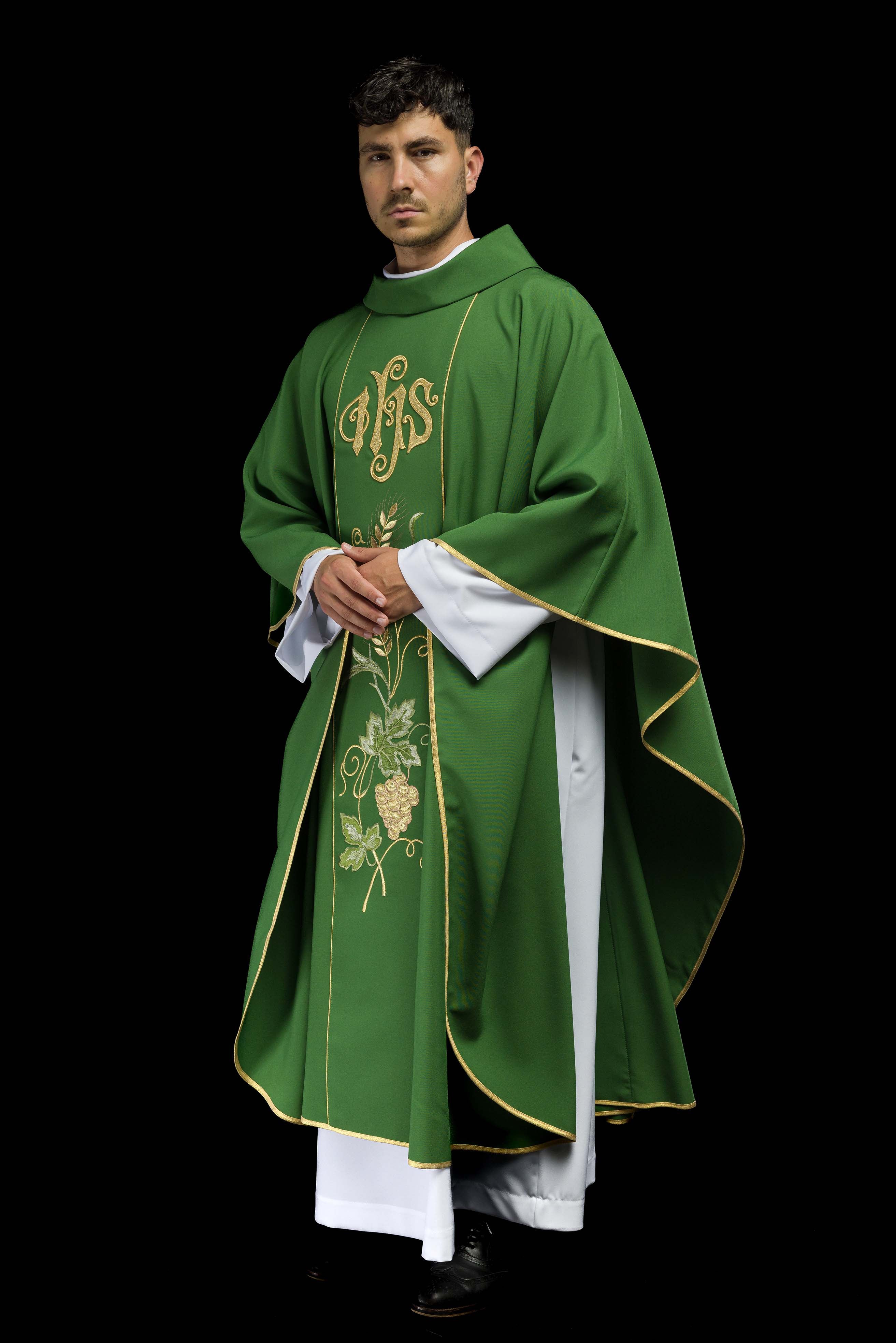 Green chasuble with IHS, ears of wheat, and grapes embroidery on a belt - CHASUBLES.COM