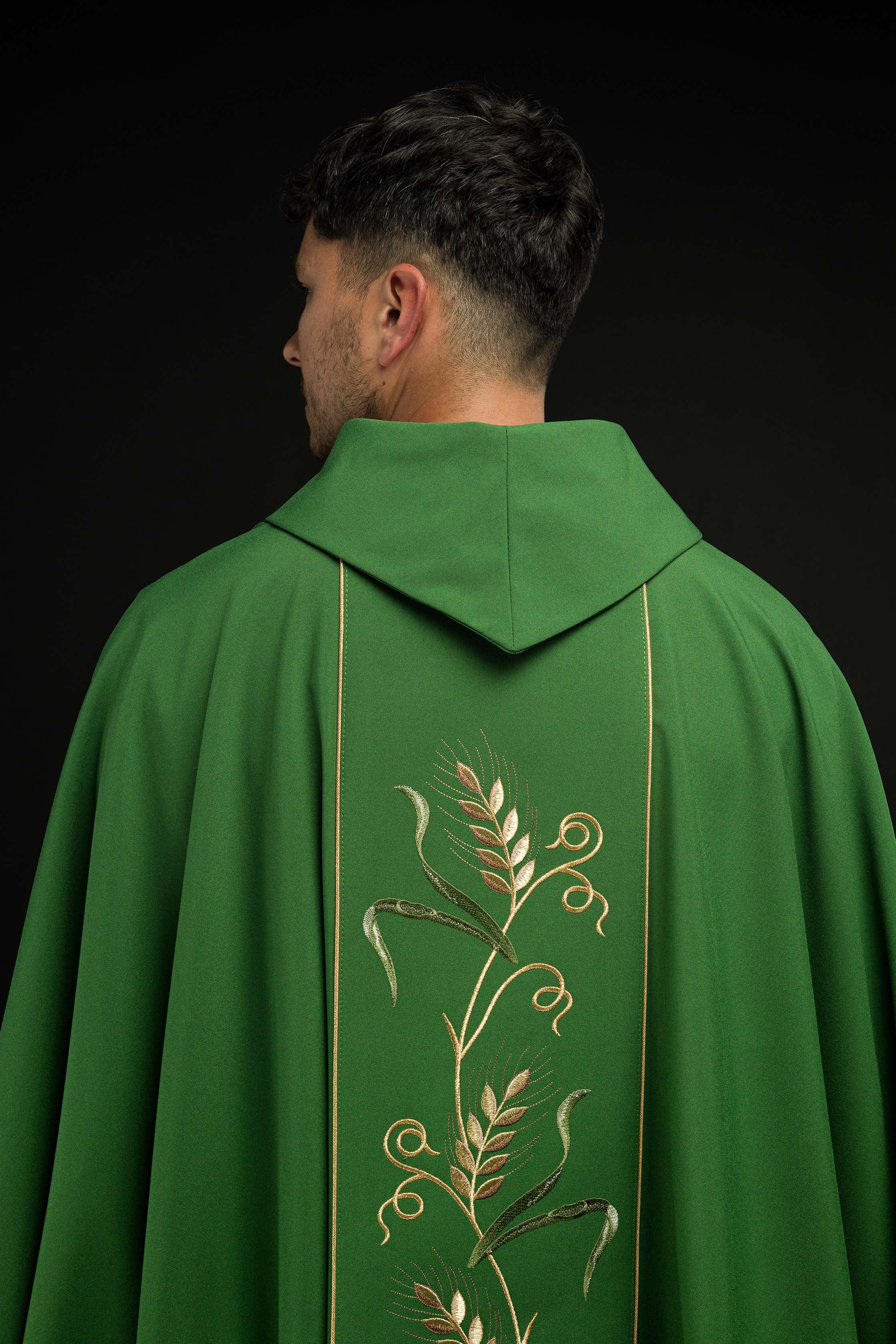 Green chasuble with IHS, ears of wheat, and grapes embroidery on a belt - CHASUBLES.COM