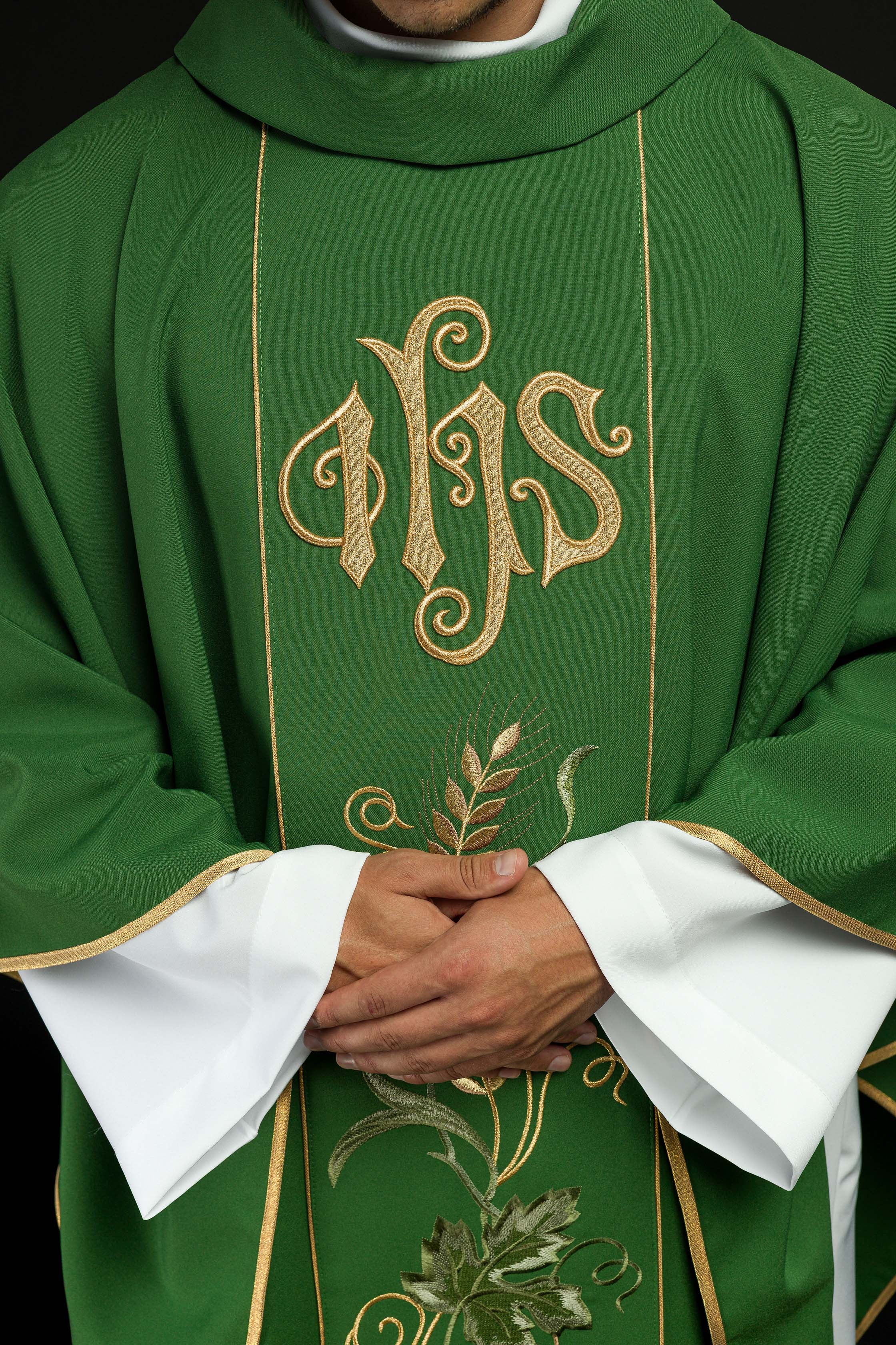 Green chasuble with IHS, ears of wheat, and grapes embroidery on a belt - CHASUBLES.COM
