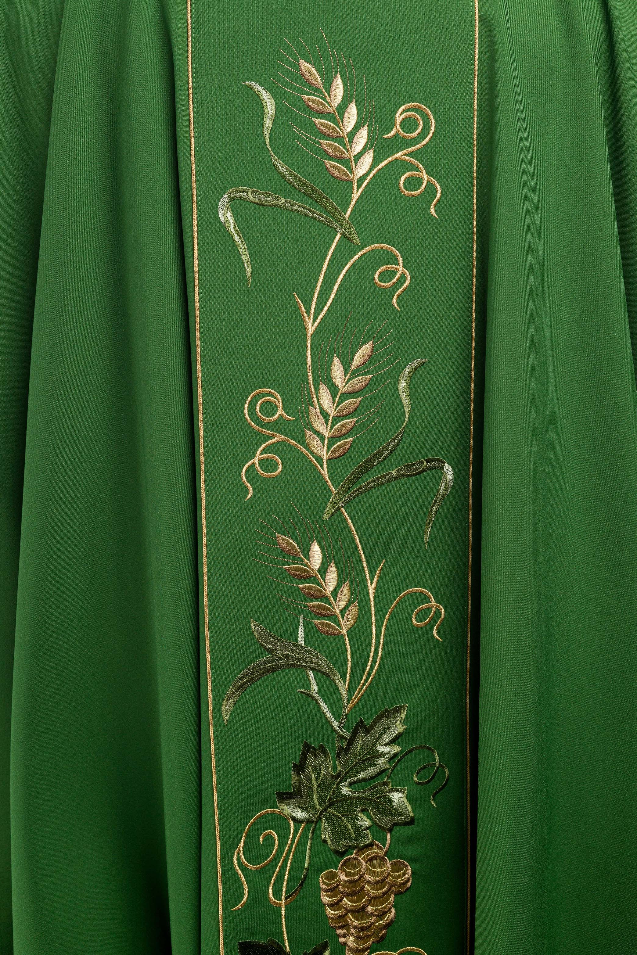 Green chasuble with IHS, ears of wheat, and grapes embroidery on a belt - CHASUBLES.COM