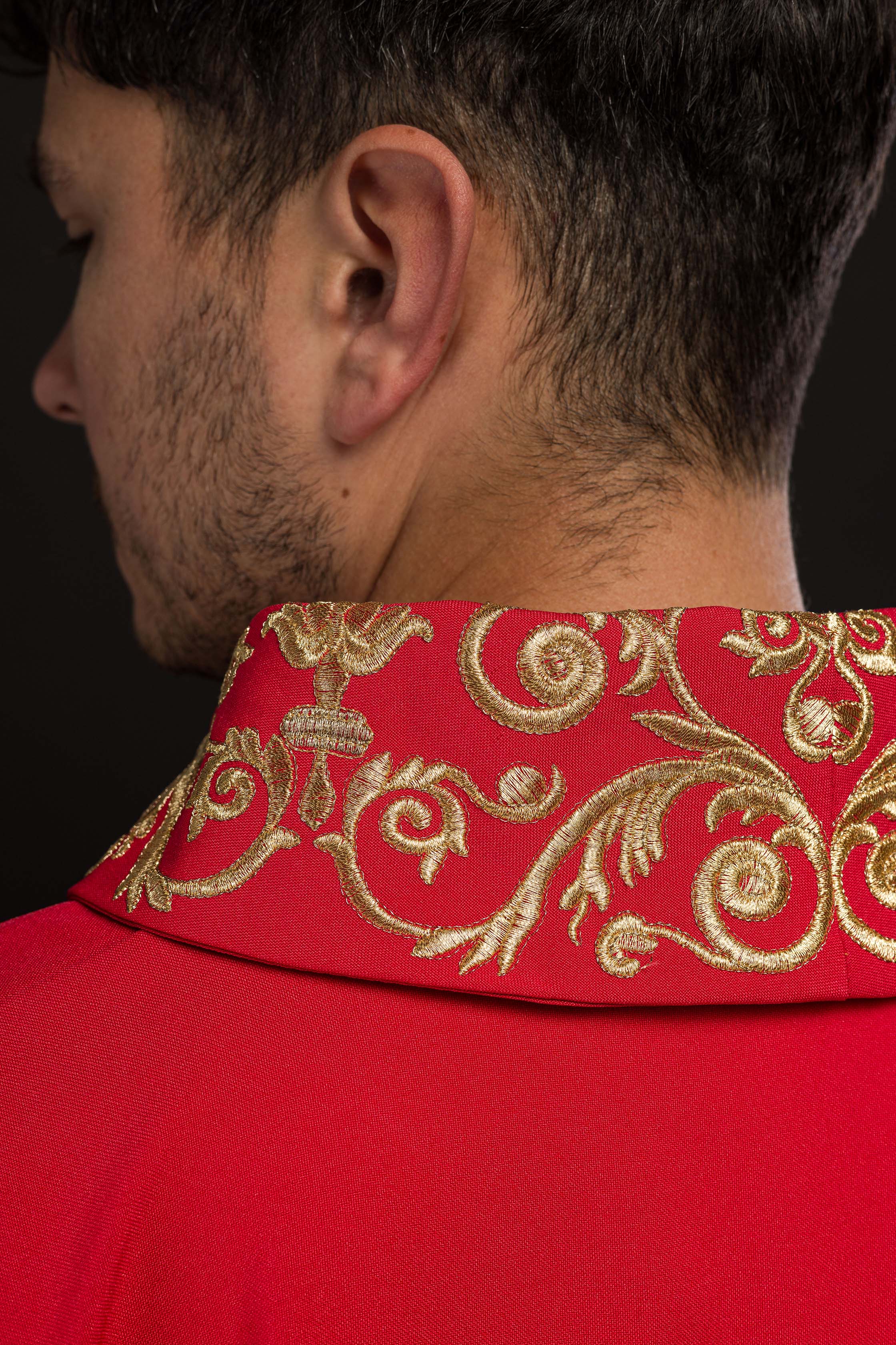 Red chasuble with embroidery around silhouette - CHASUBLES.COM