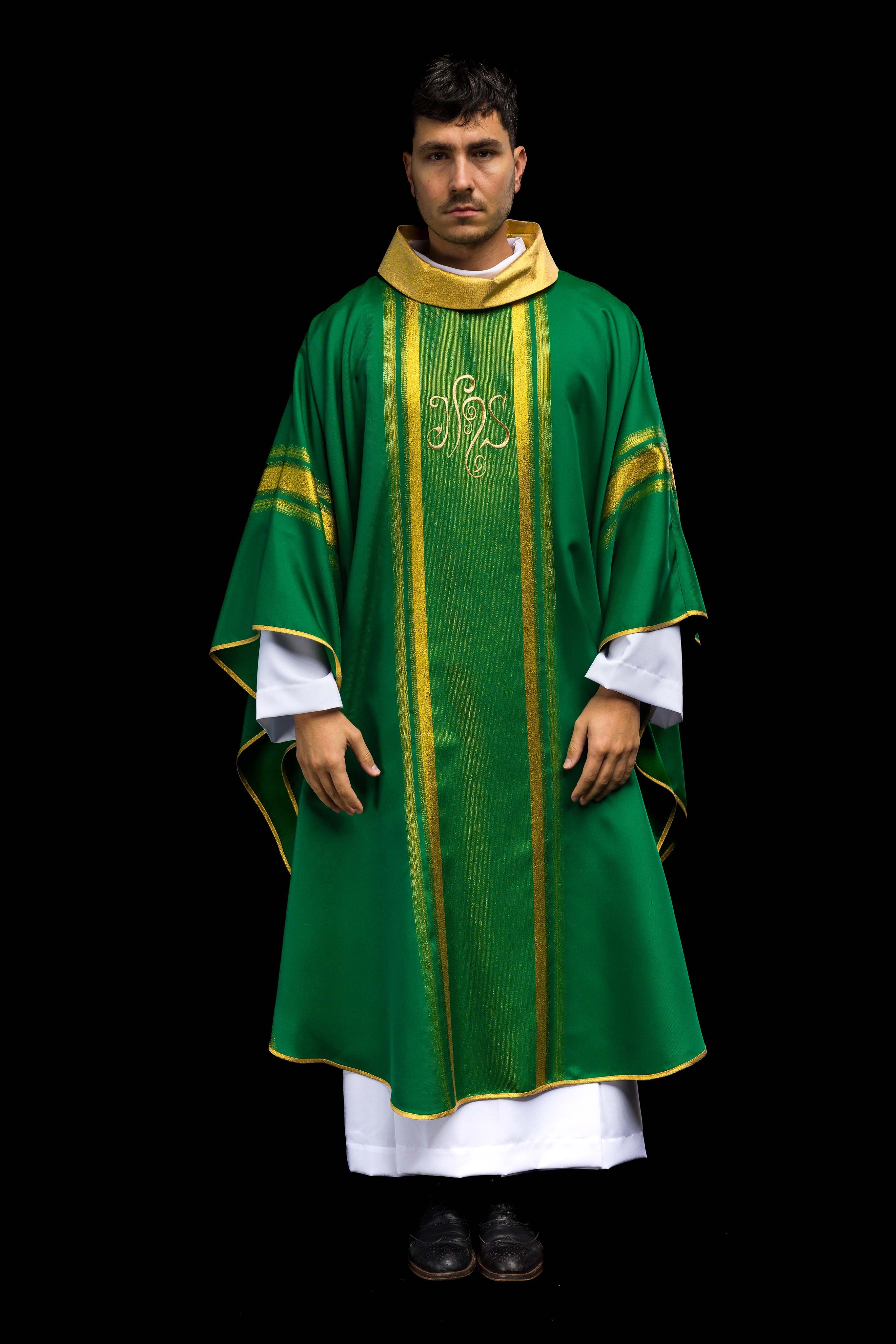 Green chasuble embroidered with IHS motif with gilding
