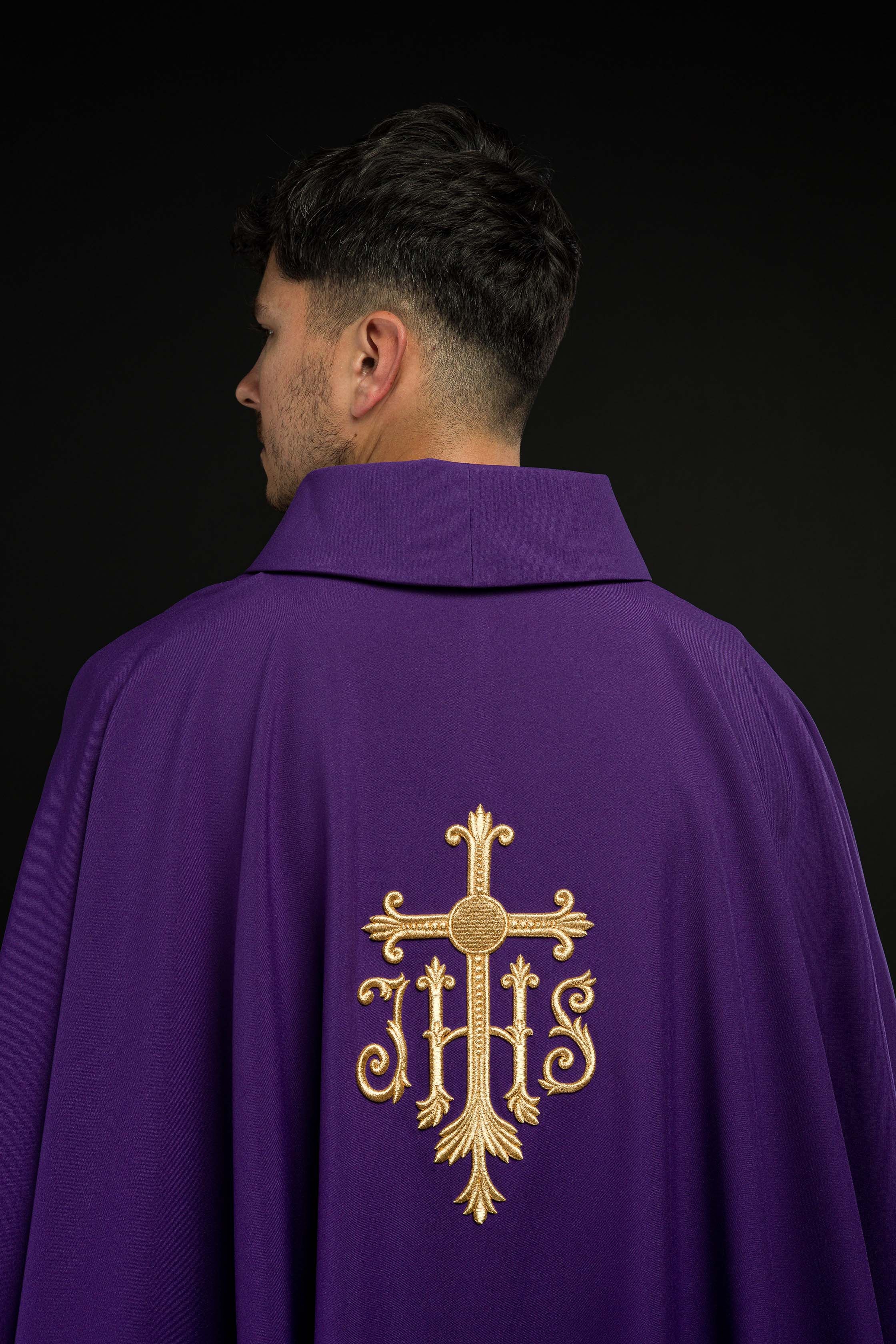 Chasuble embroidered with IHS symbol in purple - CHASUBLES.COM