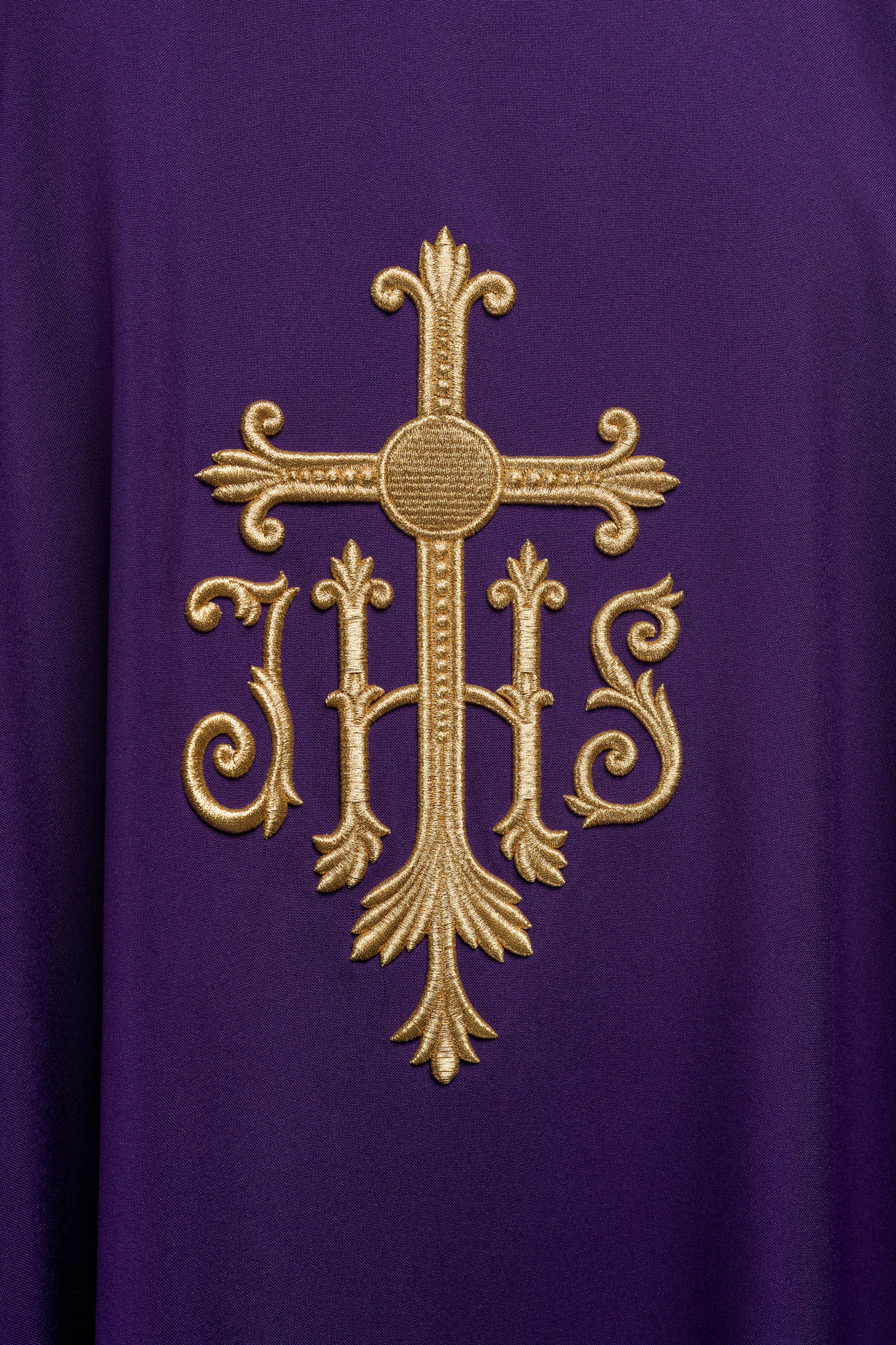Chasuble embroidered with IHS symbol in purple - CHASUBLES.COM