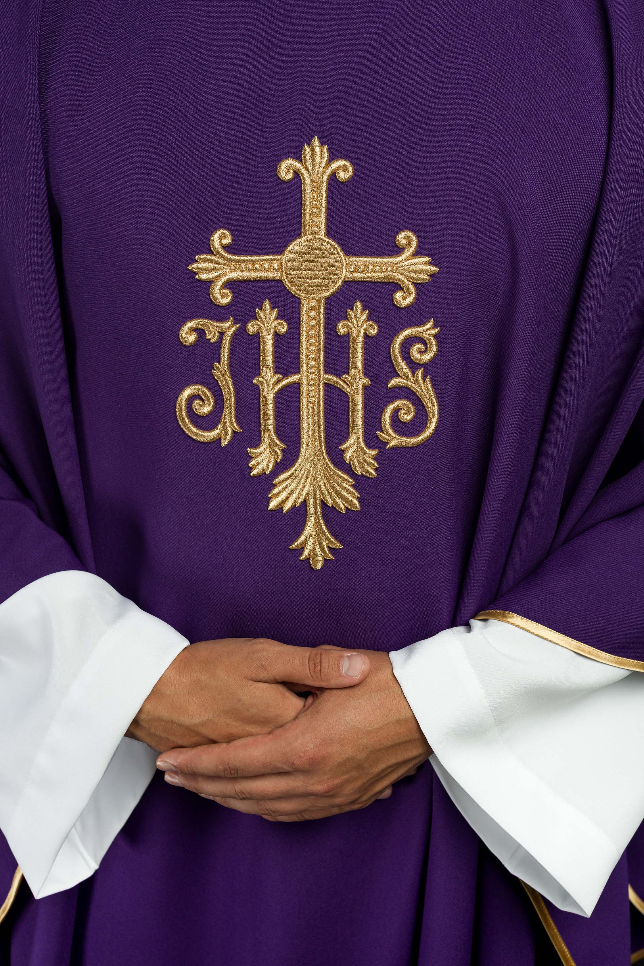 Chasuble embroidered with IHS symbol in purple - CHASUBLES.COM