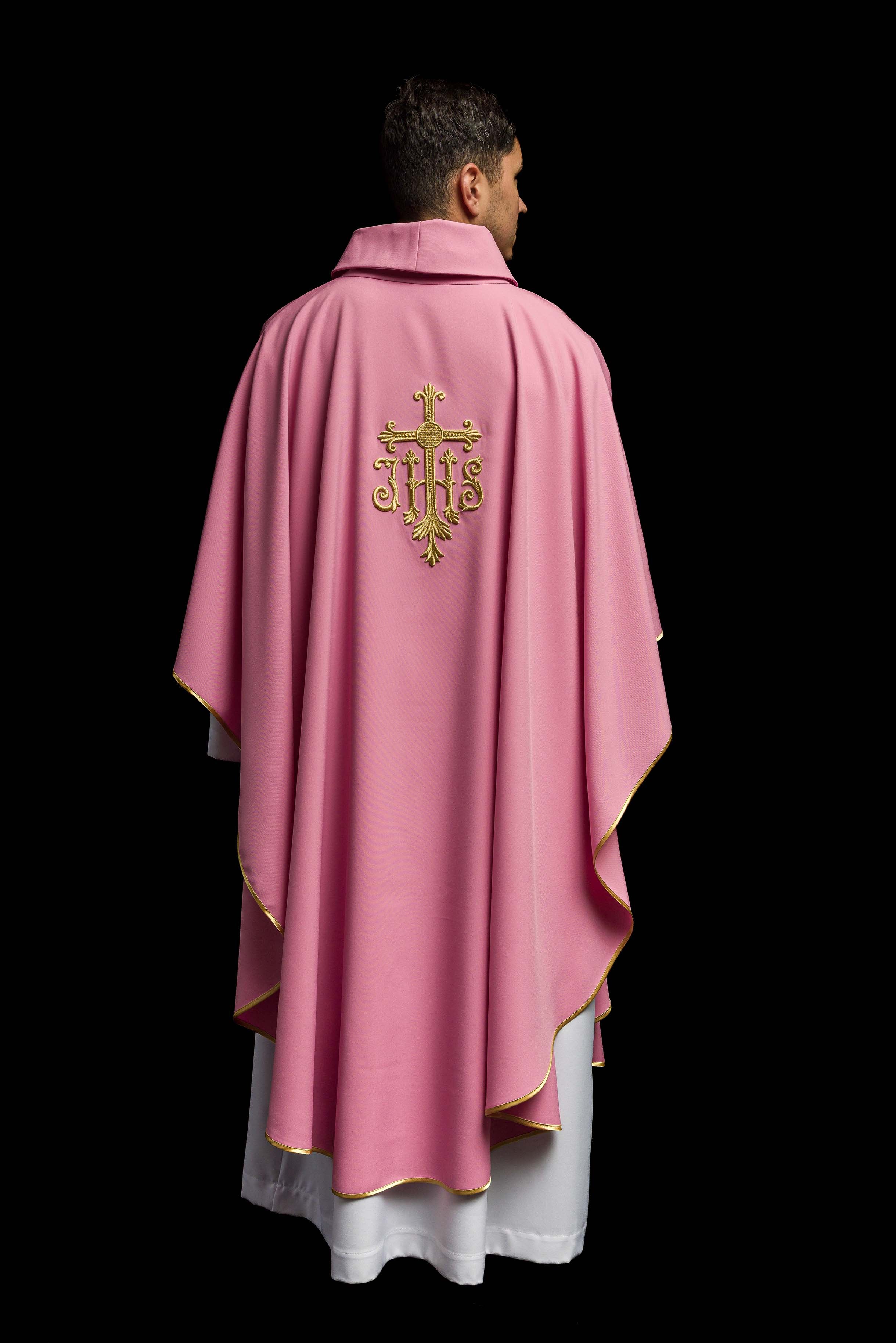 Chasuble embroidered with IHS symbol in pink