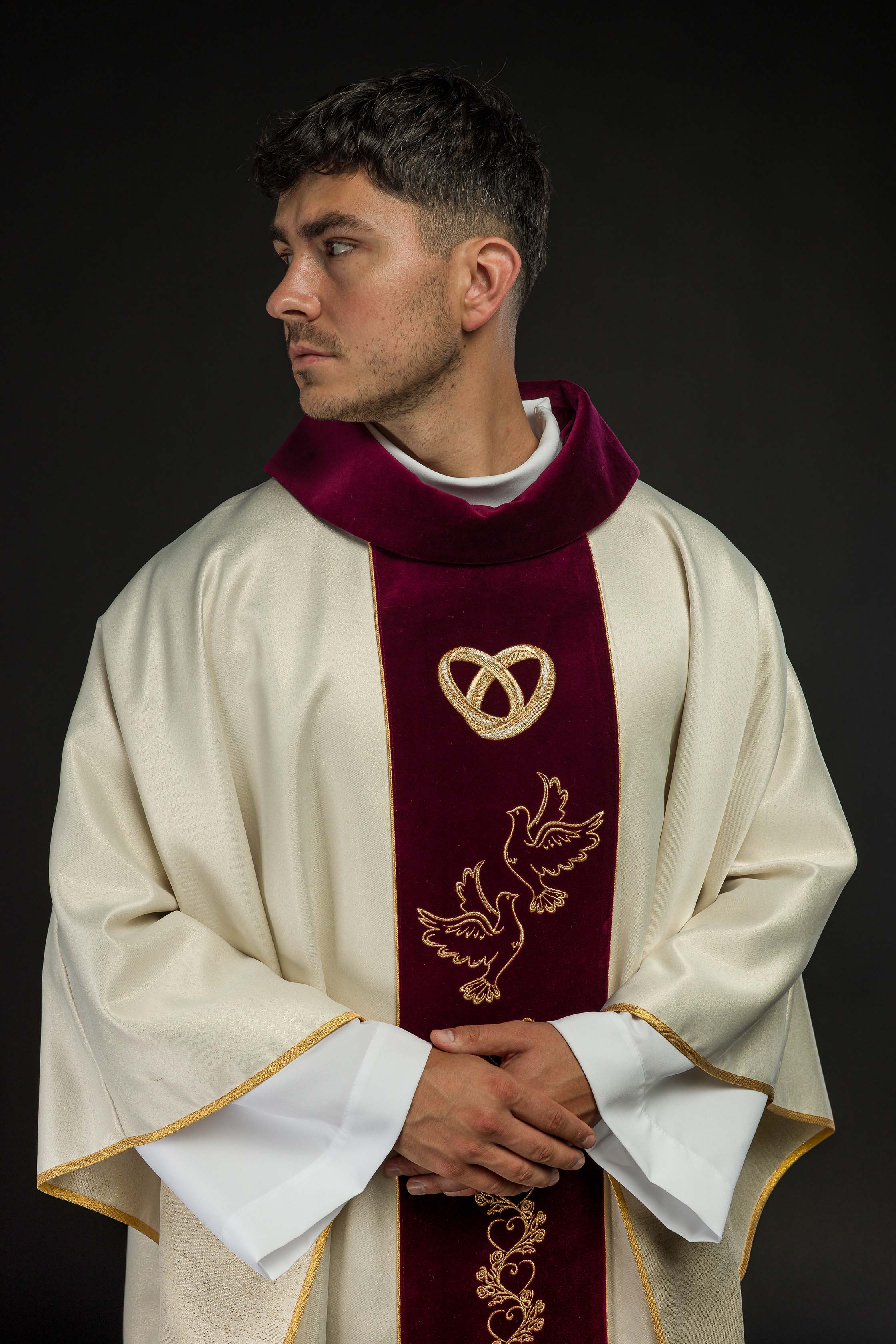 Wedding chasuble with velvet belt "I vow to you love fidelity"