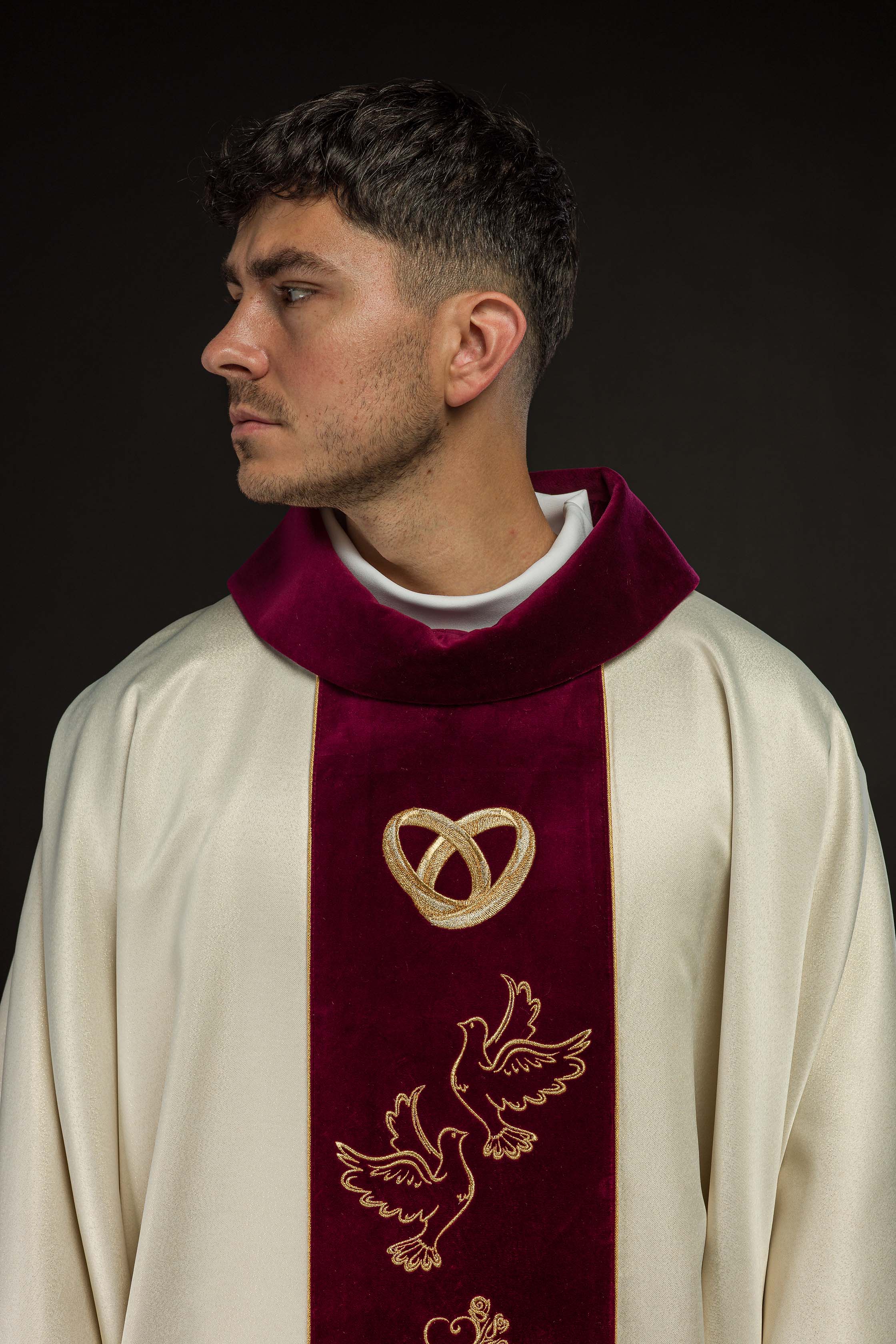 Wedding chasuble with velvet belt "I vow to you love fidelity"