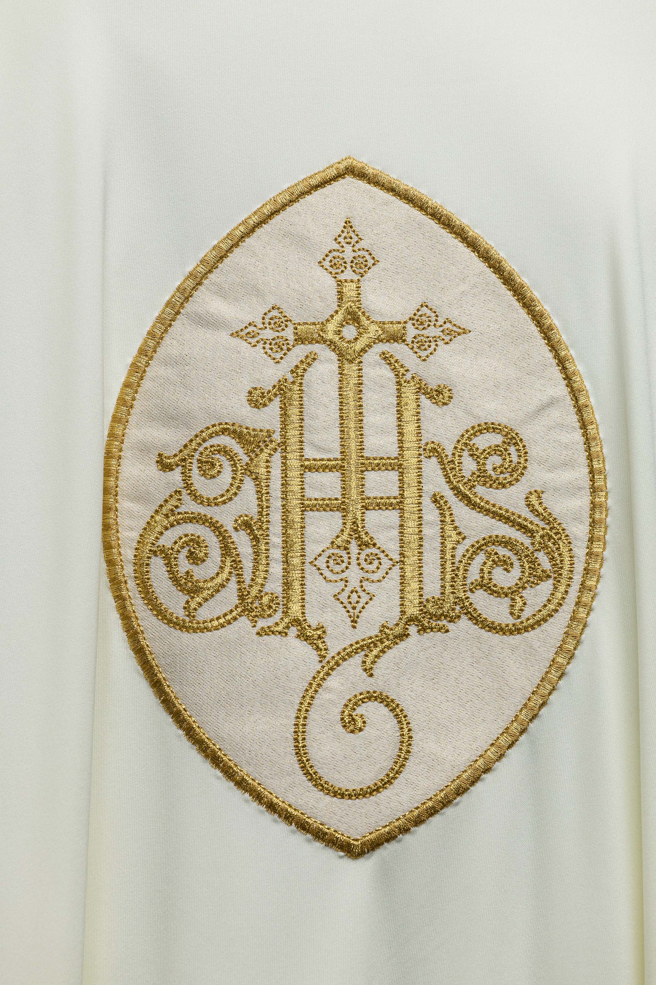 Lightweight ivory chasuble with IHS made from SACROLITE