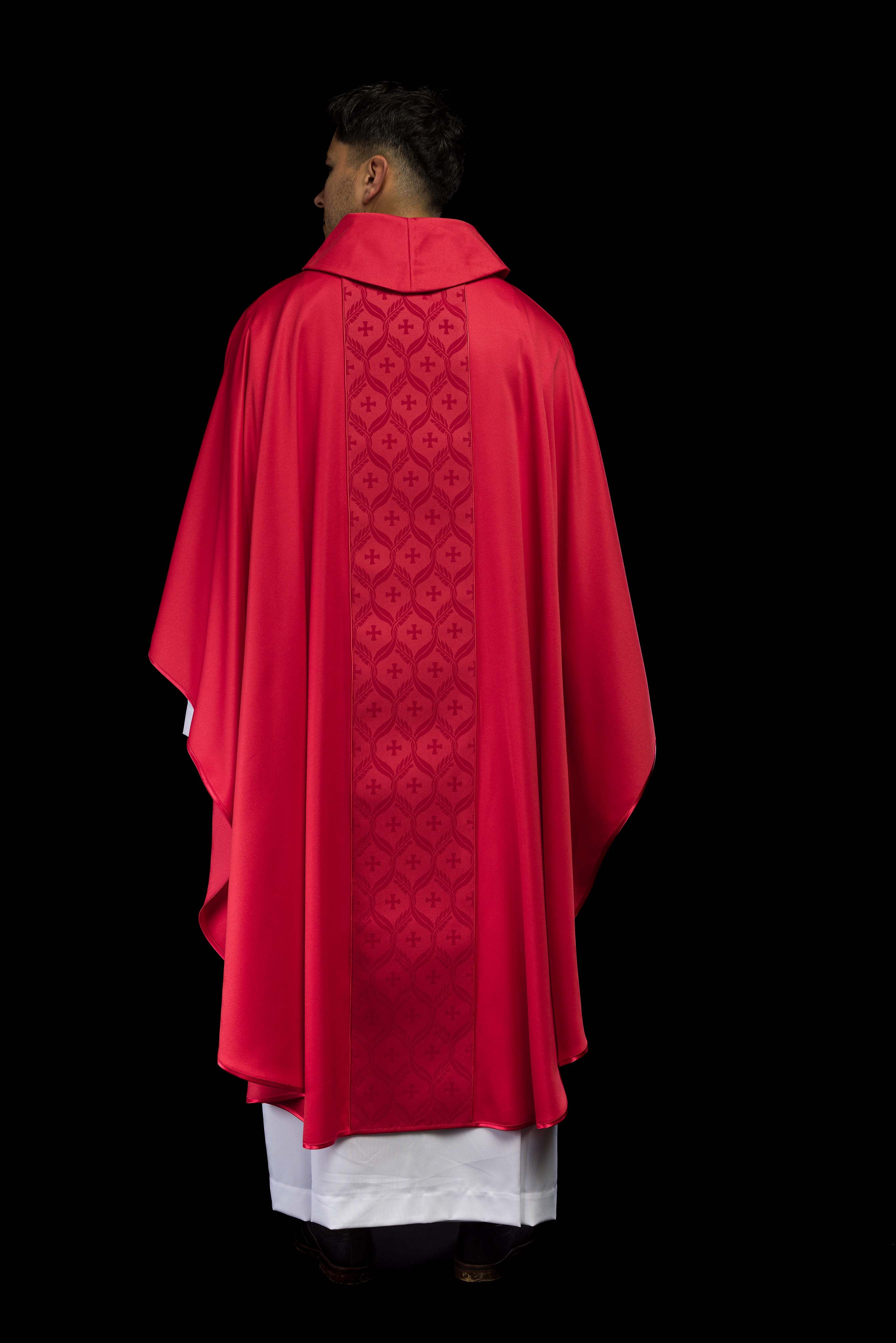 Red Chasuble with Jacquard Orphrey Featuring Cross Motifs - CHASUBLES.COM